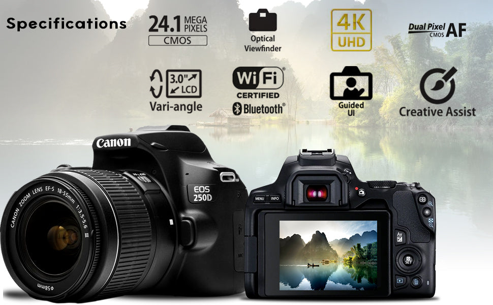 Canon EOS 250D / Rebel SL3 DSLR Camera with 18-55mm Lens (Black) + Creative Filter Set, EOS Camera Bag + Sandisk Ultra 64GB Card Pro Bundle