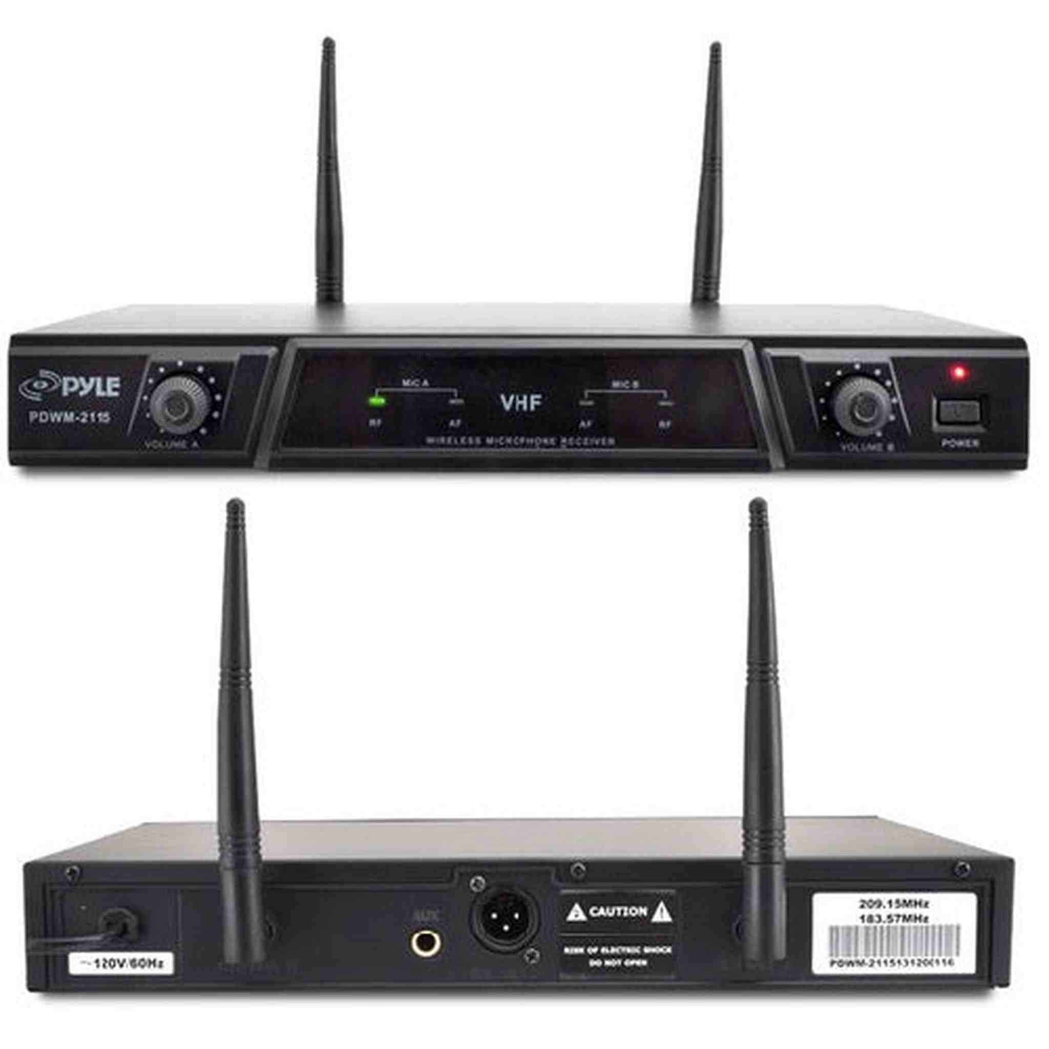 Dual Channel Wireless Microphone System - Portable VHF Audio Mic Set with Clip Lavalier lapel, Handheld, Headset, Transmitter, ¼’’ cable, power adapter - For Karaoke, PA DJ - Pyle Pro PDWM2115