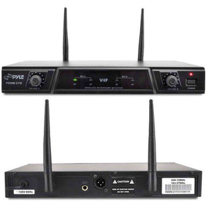 Dual Channel Wireless Microphone System - Portable VHF Audio Mic Set with Clip Lavalier lapel, Handheld, Headset, Transmitter, ¼’’ cable, power adapter - For Karaoke, PA DJ - Pyle Pro PDWM2115