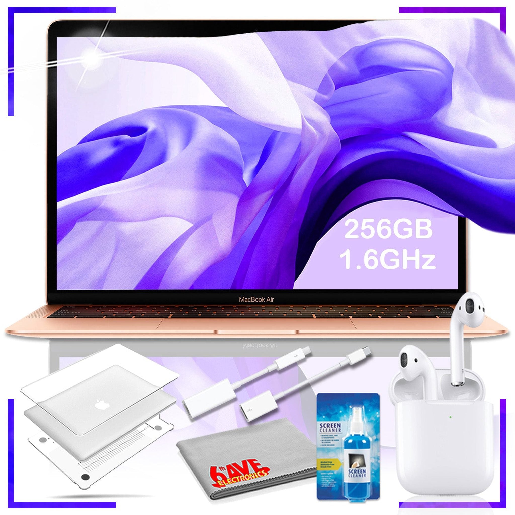 MacBook Air 13": 1.6GHz dual-core Intel Core i5, 256GB Gold w/ Airpods 2 Wireless Charging Case, Adapter Cord bundle, & Clear Case Siri Bundle