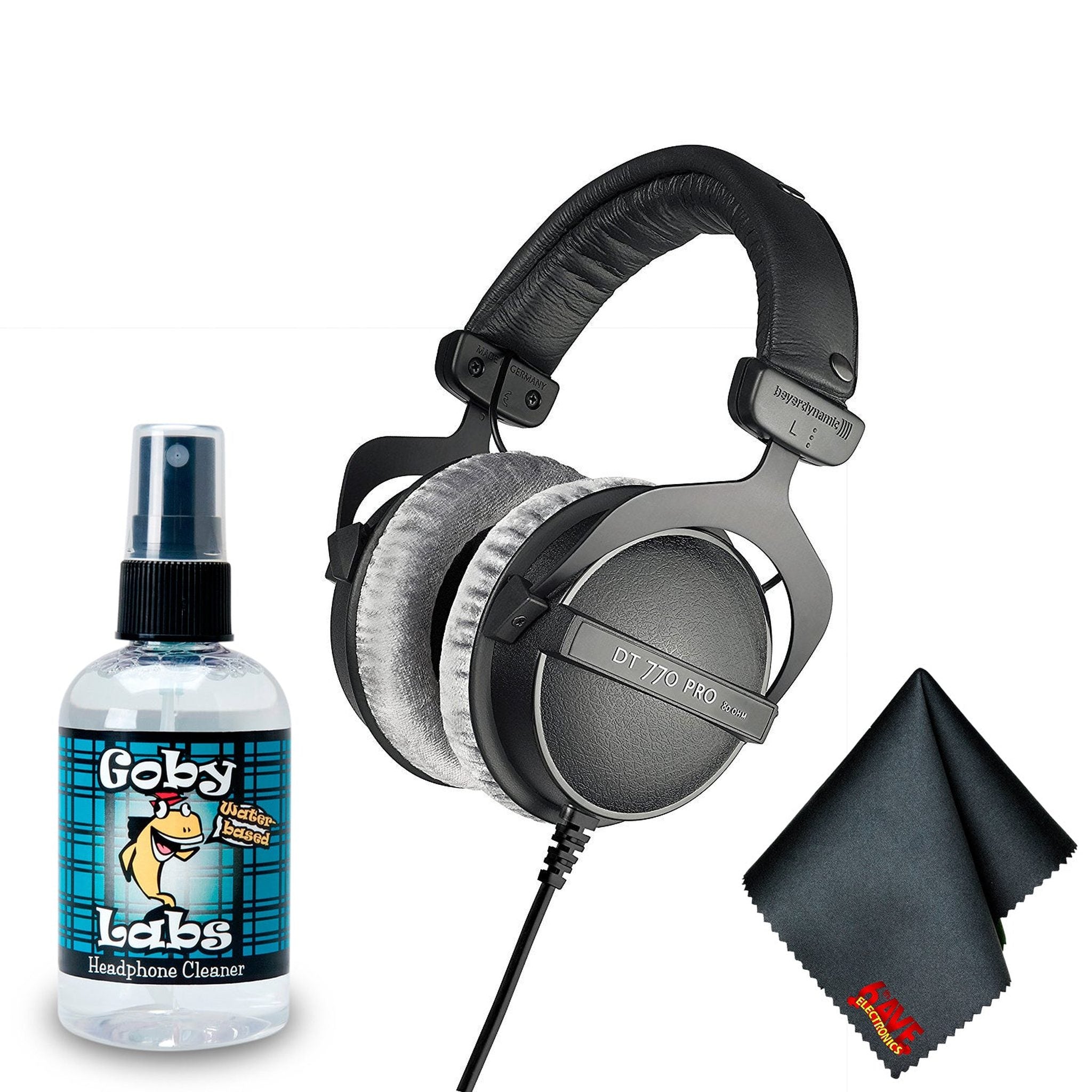 Beyerdynamic DT 770 PRO 80 Ohm Studio Headphone - Goby Labs Headphone Cleaner - Microfiber Cleaning Cloth Base Bundle