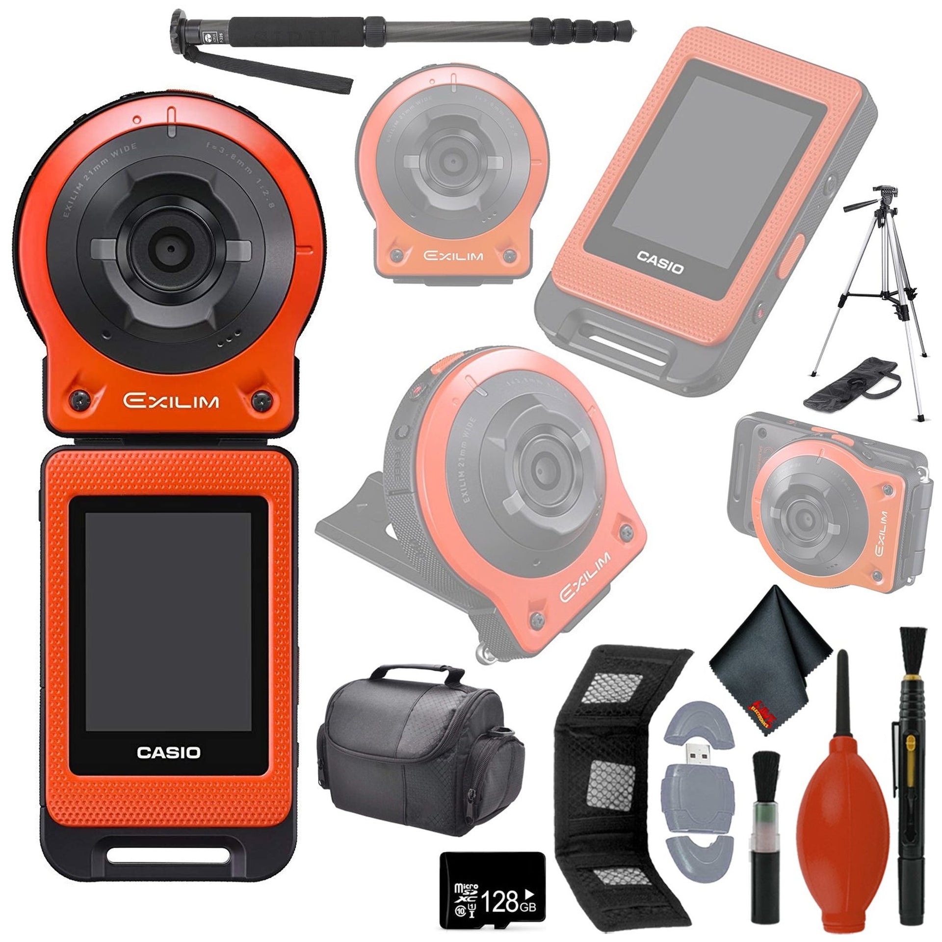 CASIO EX-FR10 EXILIM Digital Action Camera 14.1 MP - Orange - 64GB MicroSD - Case - Cleaning Kit - Tripod - Monopod 70" Starter Bundle