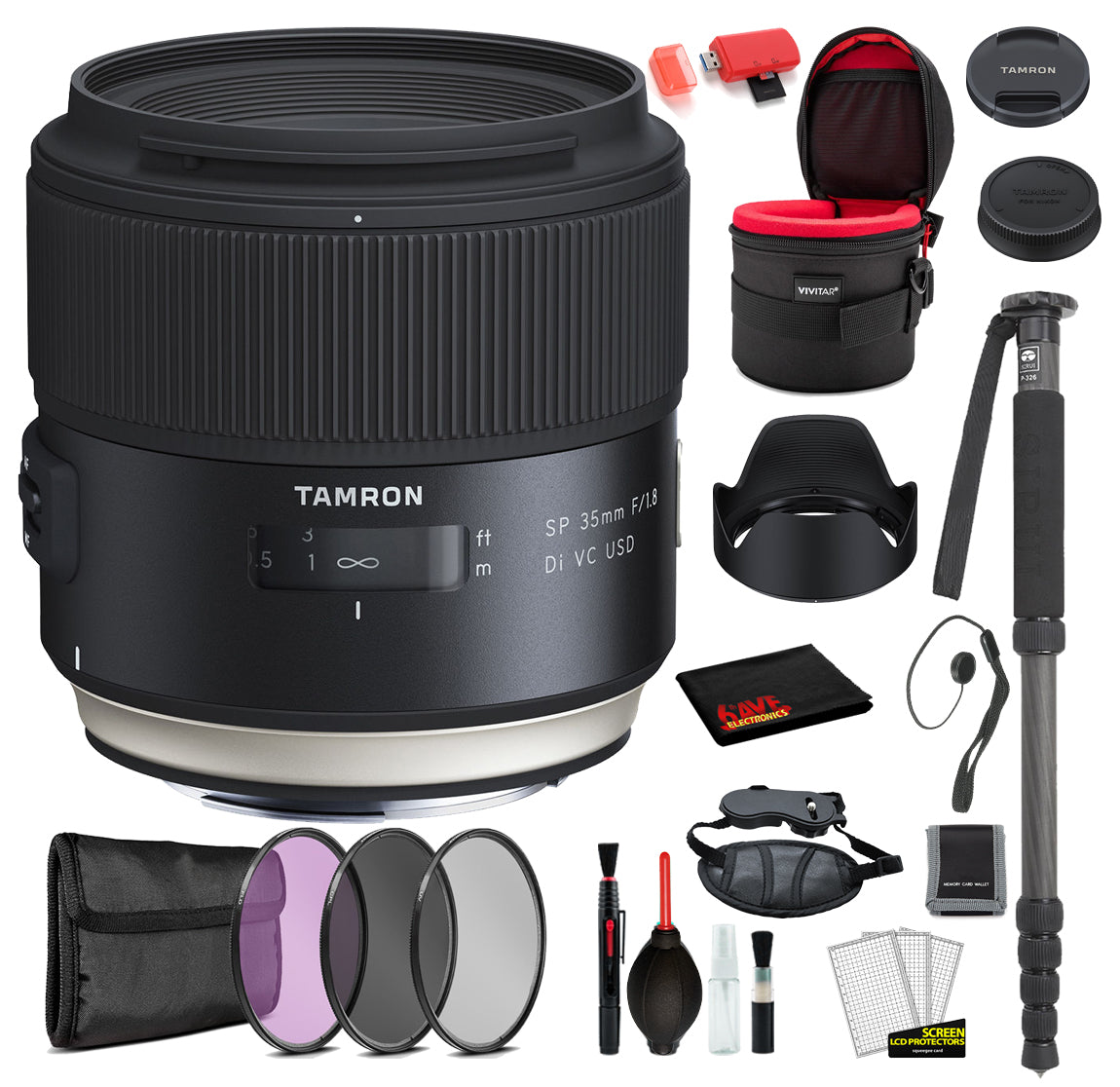 Tamron SP 35mm f/1.8 Di VC USD Lens for Nikon F with Bundle Includes: Vivtar Padded Lens Case, 3PC Filter Kit + More