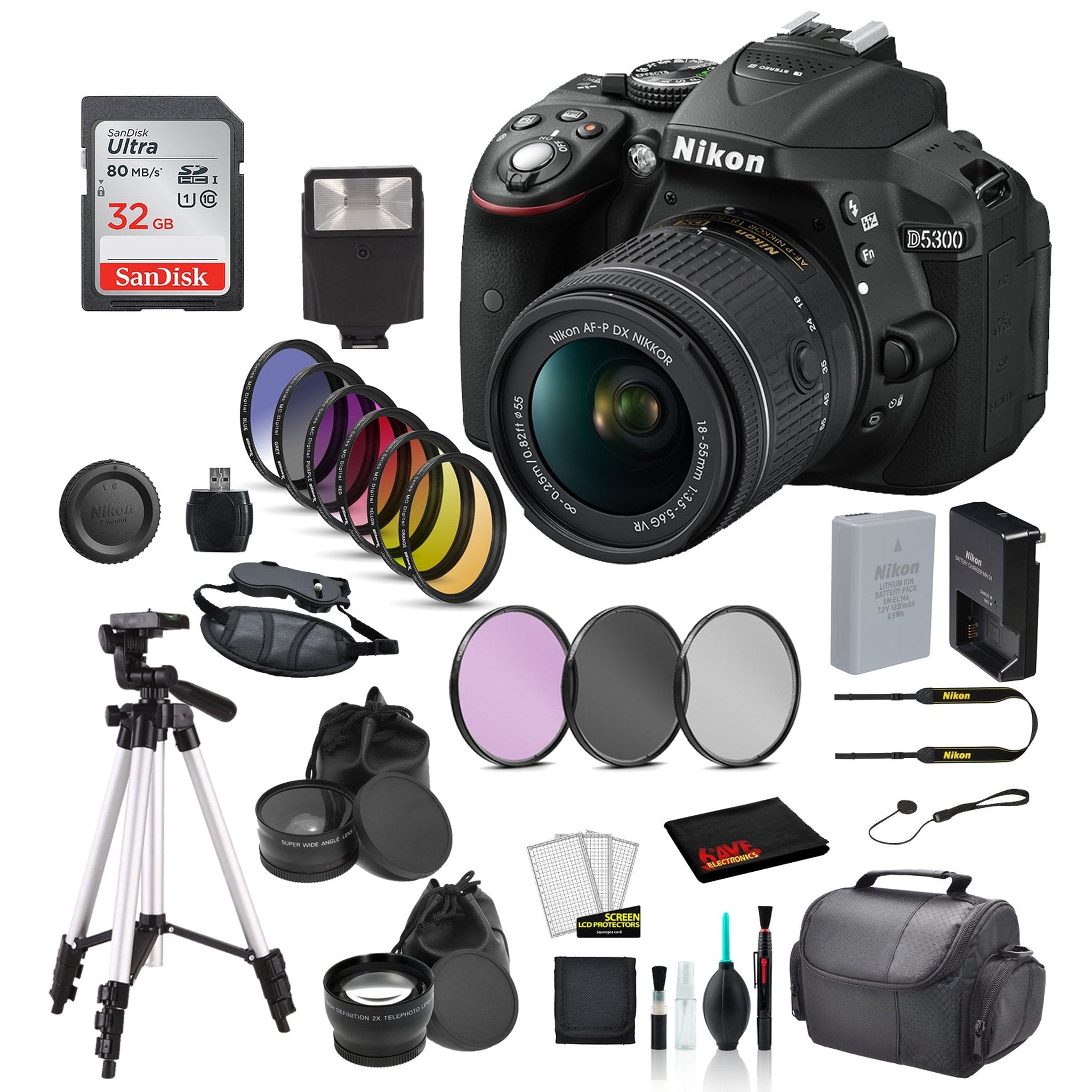 Nikon D5300 DSLR Camera w/ AF-P 18-55mm Lens Bundle � 32GB SD Card Nikon
