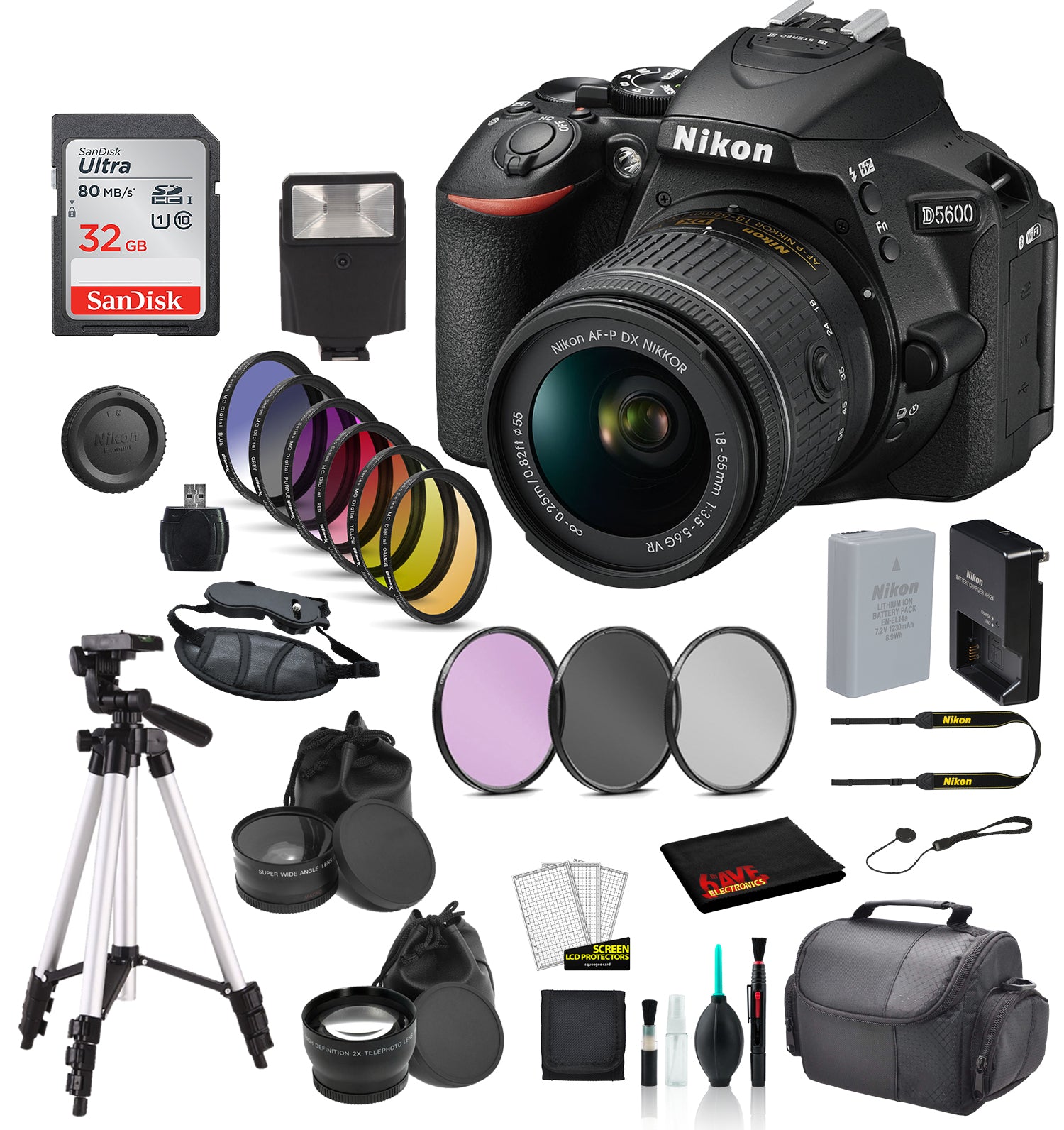 Nikon D5600 DSLR Camera w/ AF-P 18-Lens Bundle + 9PC Filter Kit