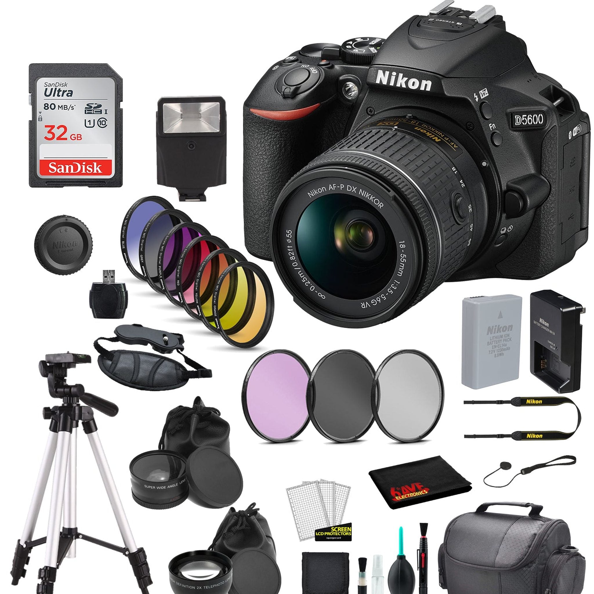 Nikon D5600 DSLR Camera w/ AF-P 18-Lens Bundle + 9PC Filter Kit