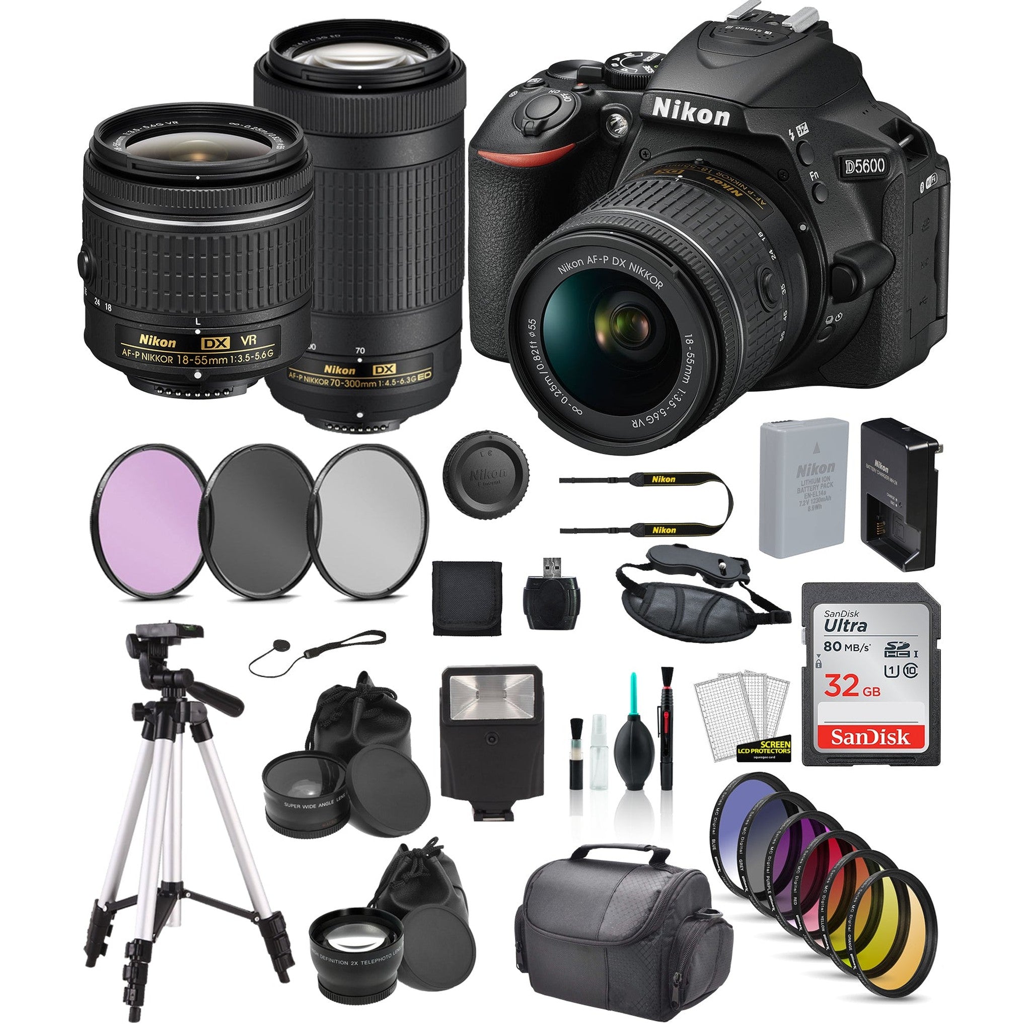 Nikon D5600 DSLR Camera w/ 18-55mm Lens + 70-300mm Lens Bundle Nikon