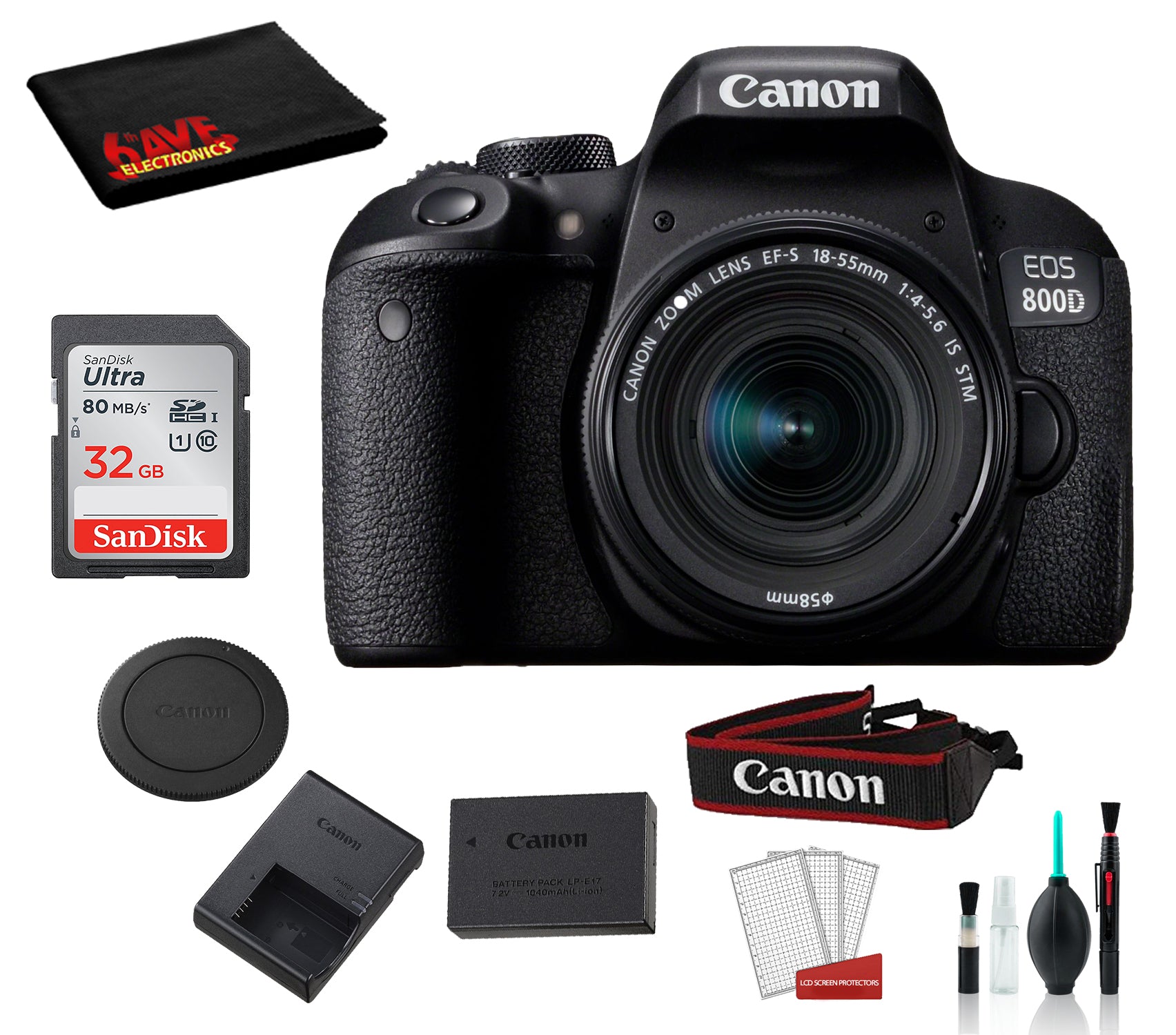 Canon EOS 800D (Rebel T7i) 18-55mm IS STM Lens Bundle SanDisk 32gb SD Card + Cleaning Kit + MORE - International