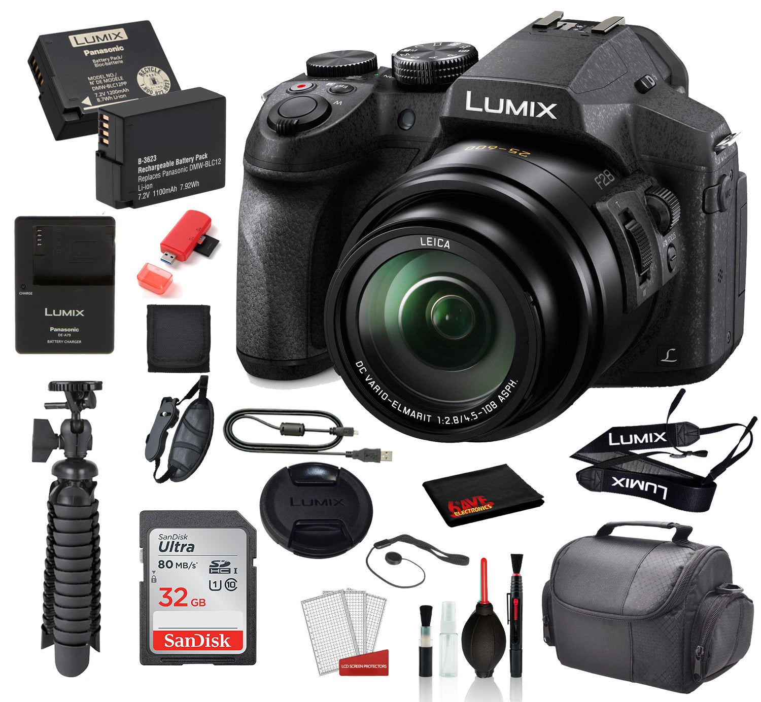 Panasonic Lumix DMC-FZ300 Digital Camera with ?SanDisk 32gb SD card + Replacement Battery for DMW-BLC12 +  MORE