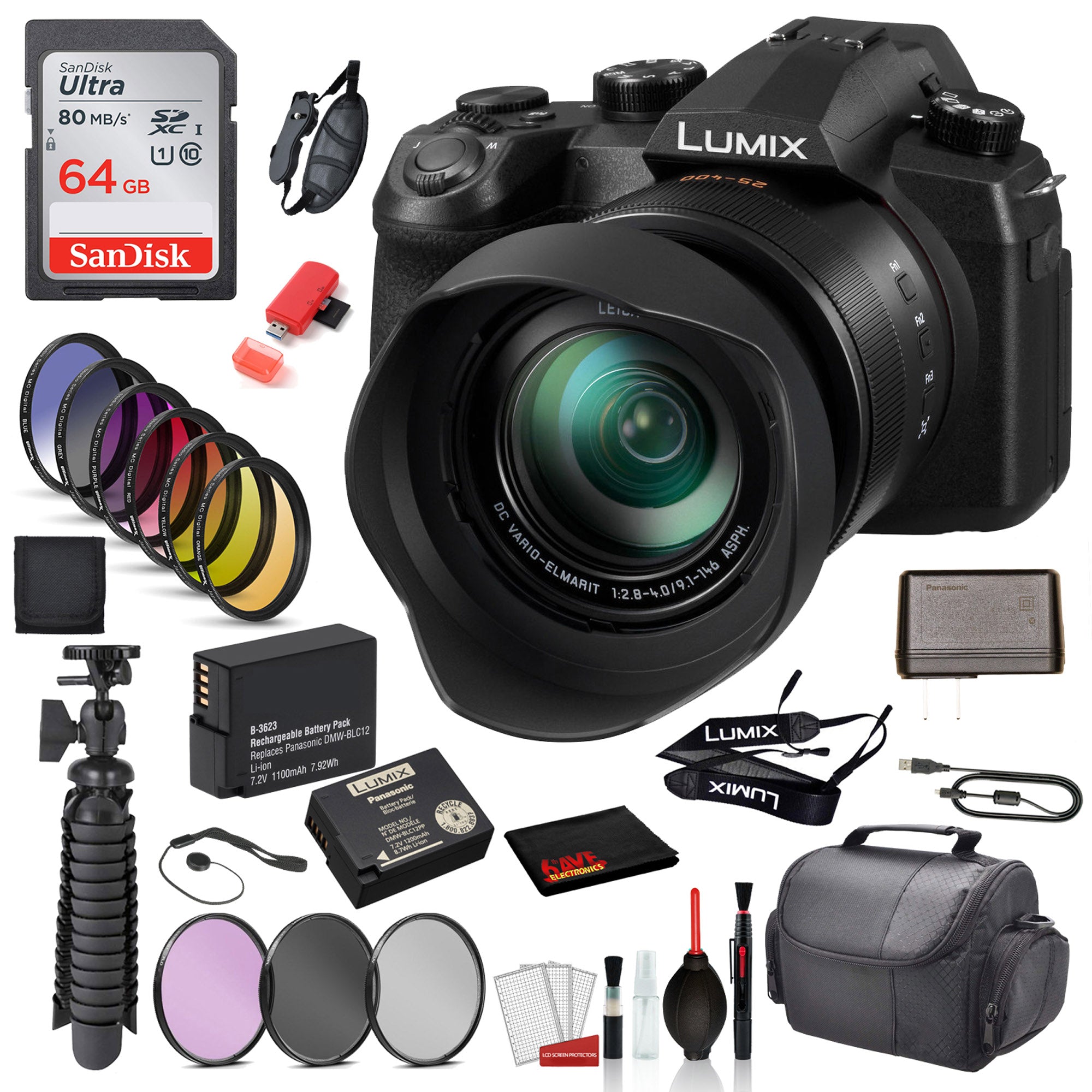 Panasonic Lumix DC-FZ1000 II Digital Camera  with �SanDisk 64gb SD card + 9PC Filter Kit + 12� Tripod + MORE