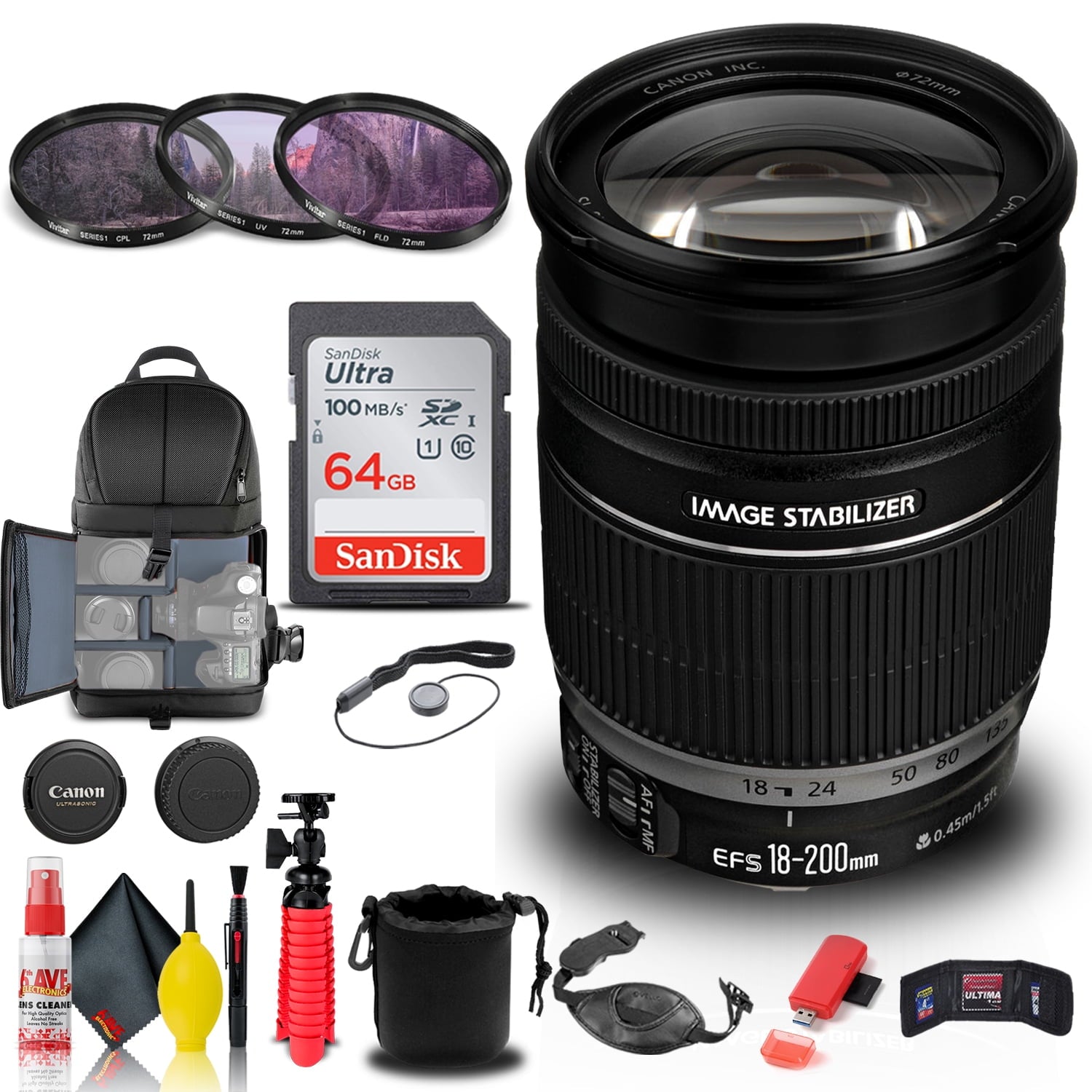 Canon EF-S 18-200mm f/3.5-5.6 IS Lens 2752B002 + Filter Kit + BackPack + More