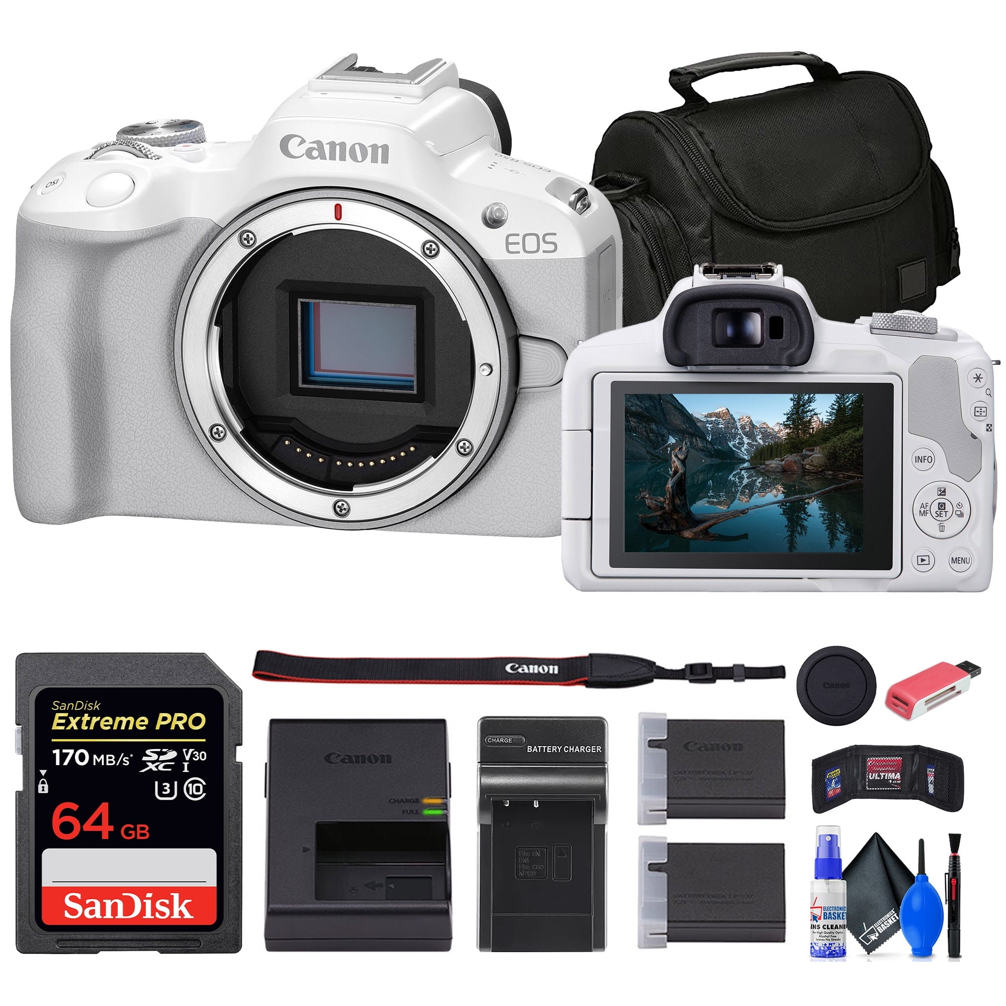 Canon EOS R50 Mirrorless Camera White + 64GB Card + Bag + Charger + Battery + More