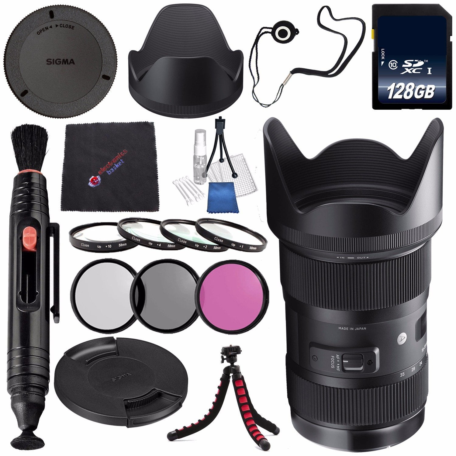 Sigma 18-35mm f/1.8 DC HSM Art Lens for Nikon F #210306 + 72mm 3 Piece Filter Kit + 128GB SDXC Memory Card + Lens Pen Cleaner + Cloth Bundle