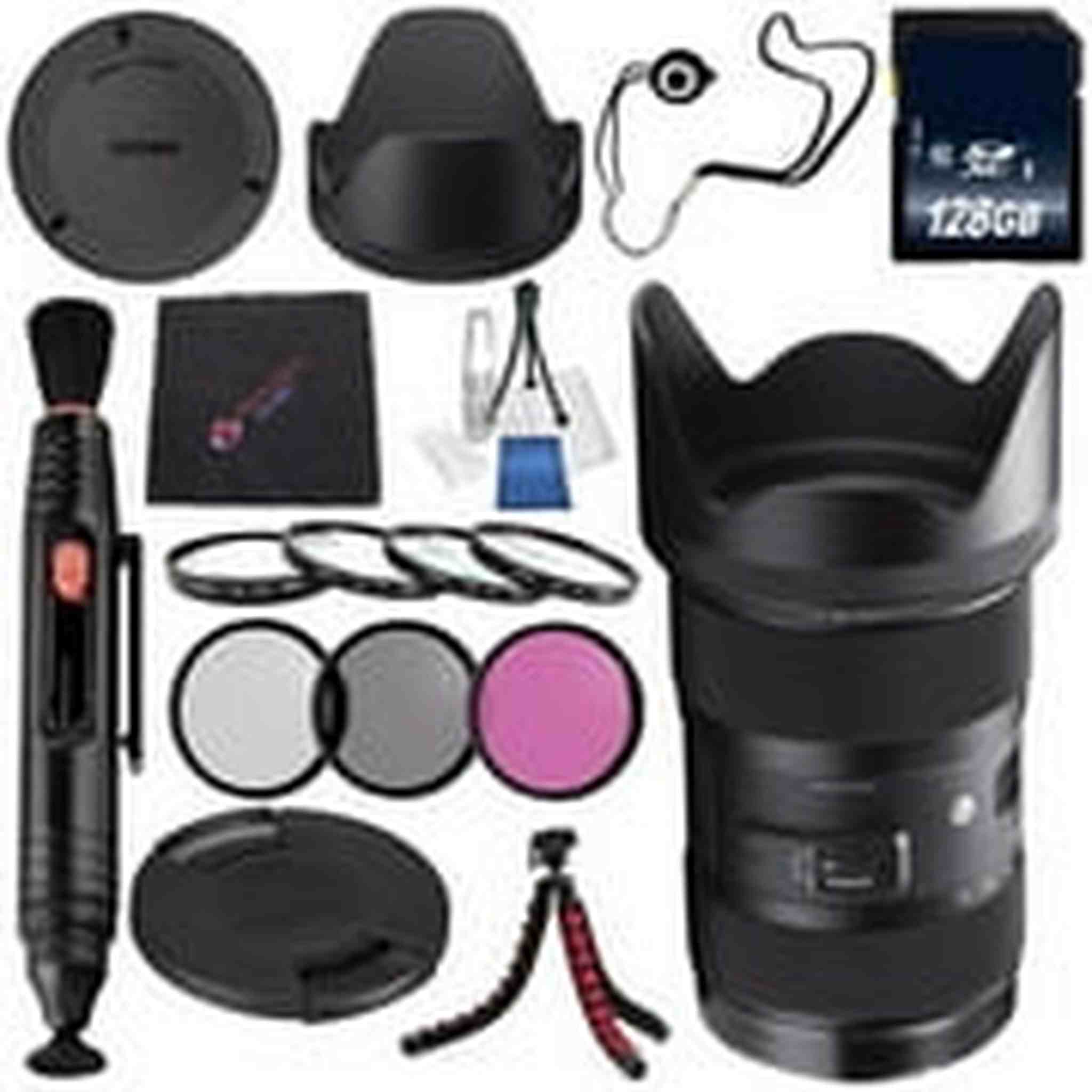 Sigma 18-35mm f/1.8 DC HSM Art Lens for Nikon F #210306 + 72mm 3 Piece Filter Kit + 128GB SDXC Memory Card + Lens Pen Cleaner + Cloth Bundle