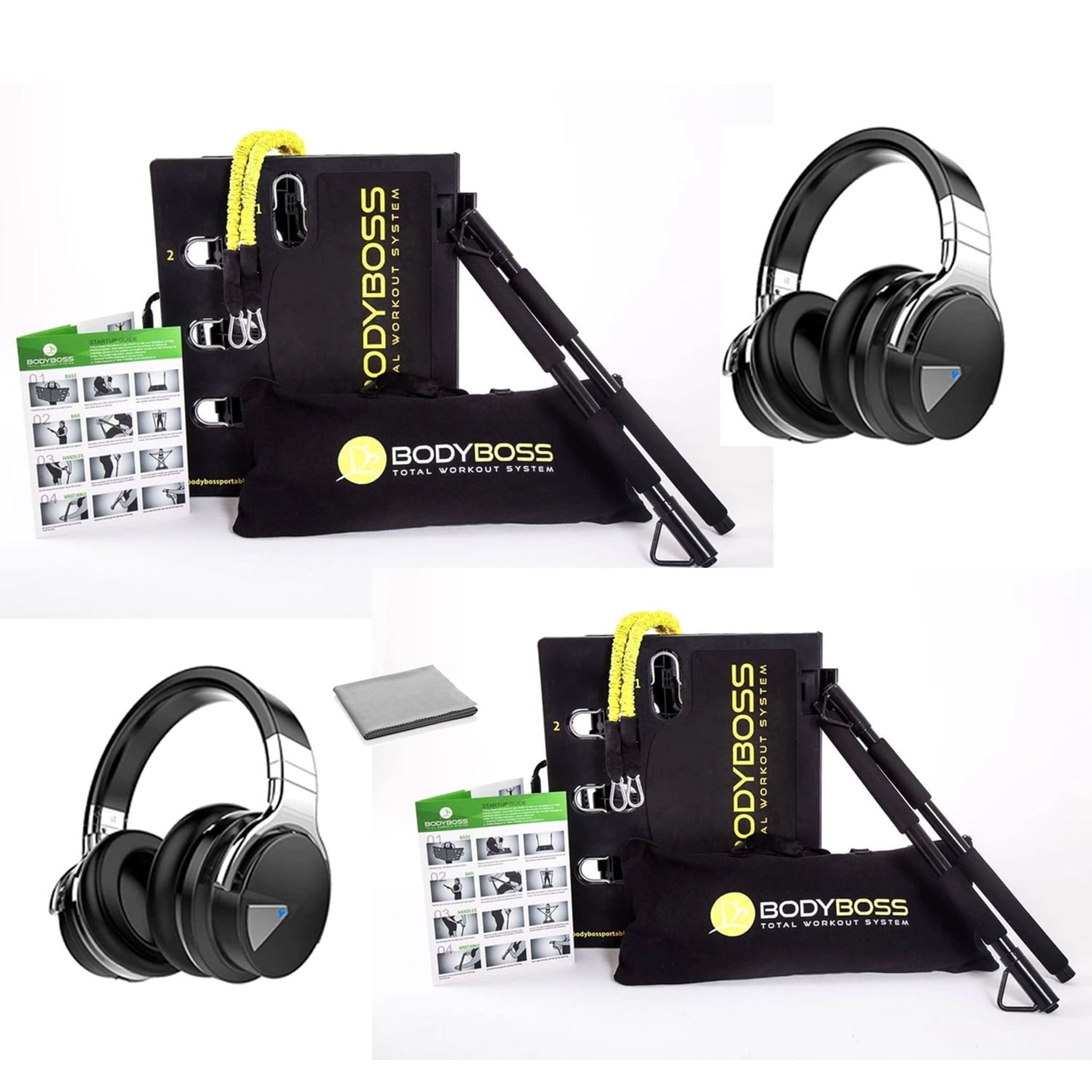 BodyBoss 2.0 Portable Home Gym System 2 pack -Resistance Bar, Handles- Bundle with 2x COWIN E7 Bluetooth Headphones