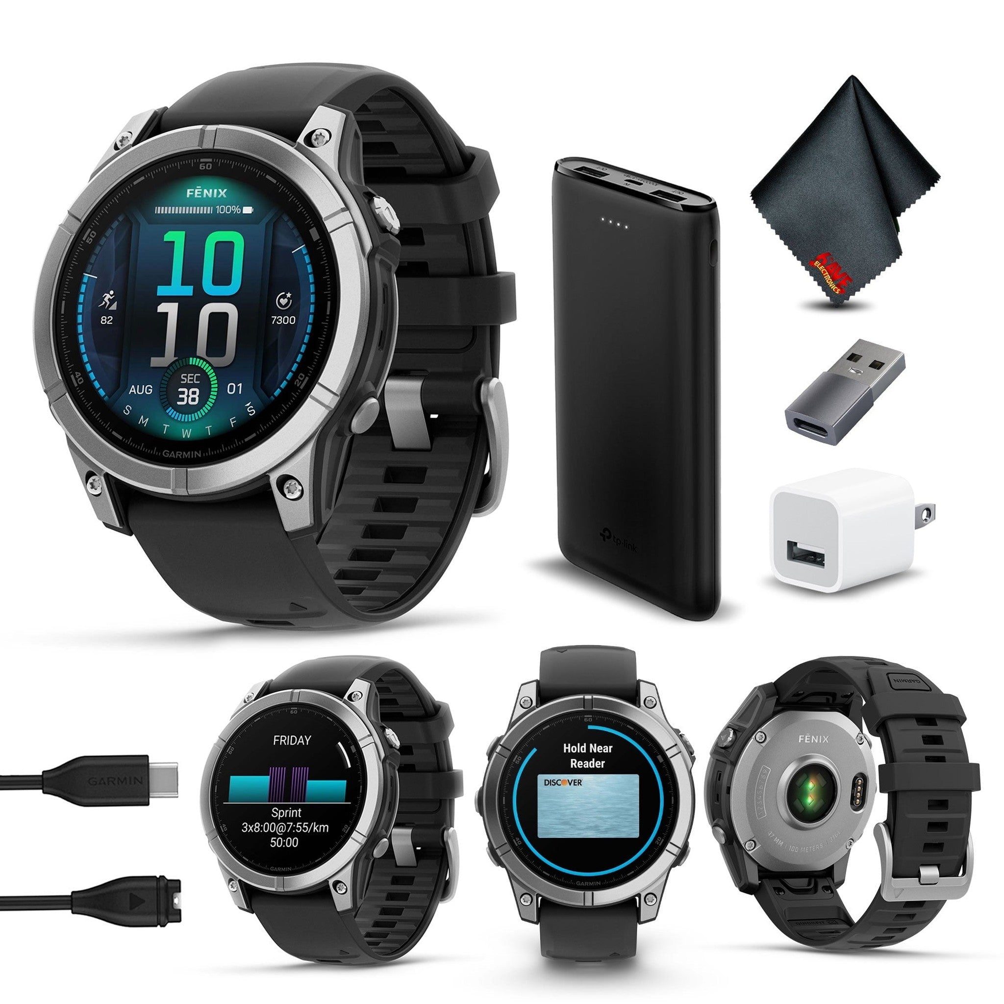 fenix E – 47 mm, AMOLED, Stainless Steel with Black Silicone Band