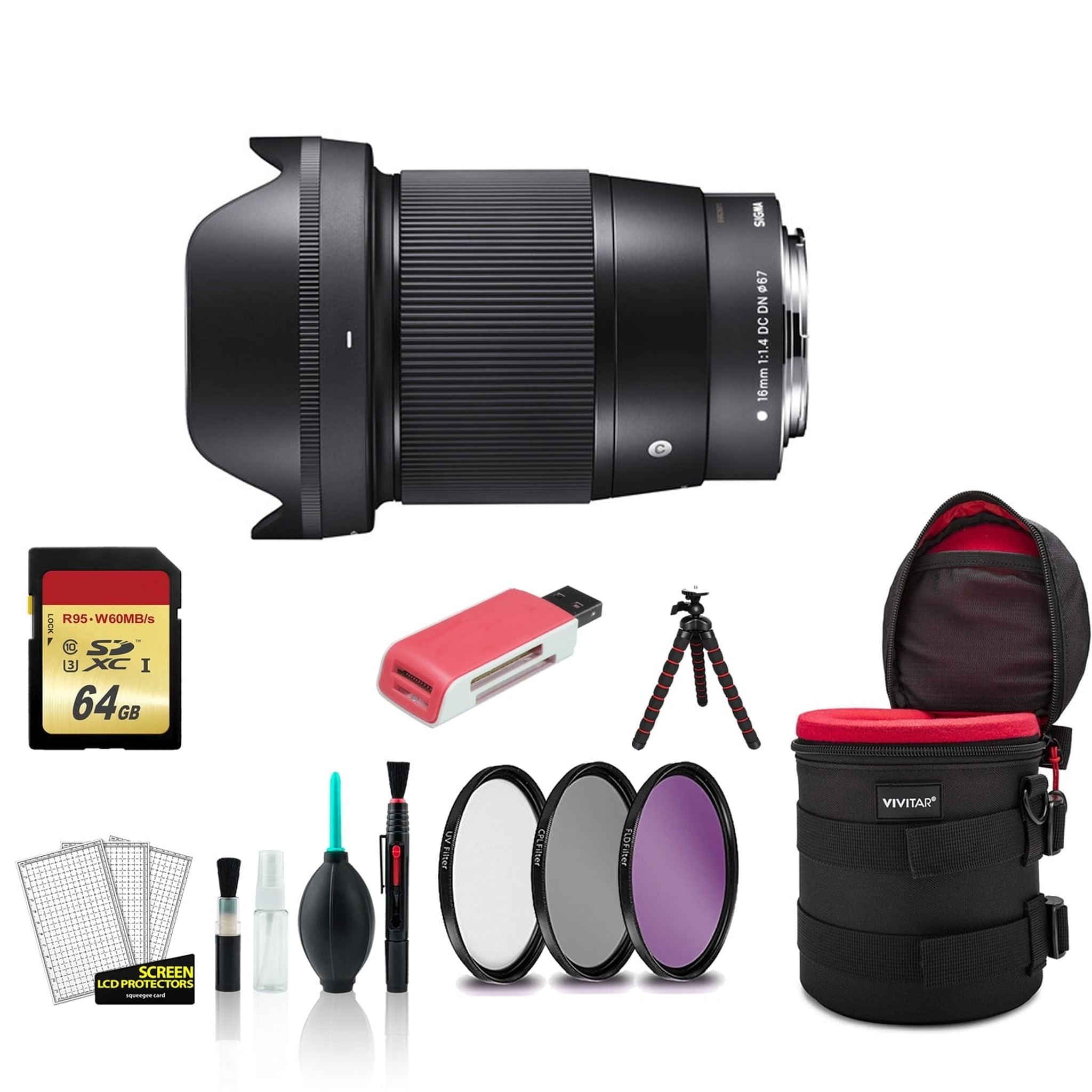 Sigma 16mm Contemporary Lens for Canon f/1.4 DC DN for Canon EF-M with Filter Kit + 64GB Memory Card Bundle