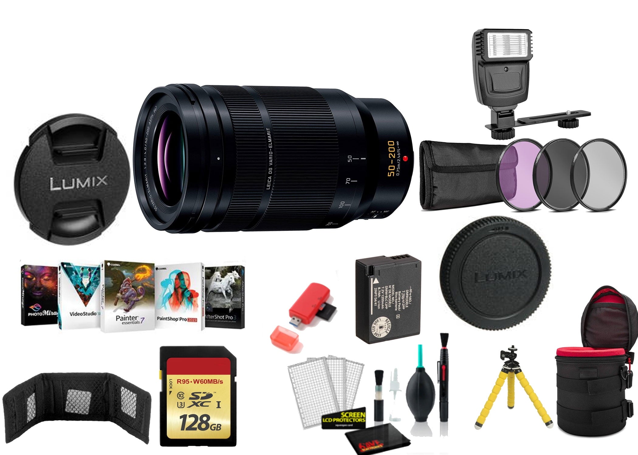 Panasonic Leica DG Vario-Elmarit 50-200mm f/2.8-4 ASPH. POWER O.I.S. Lens with 128GB Memory Card and More International Model