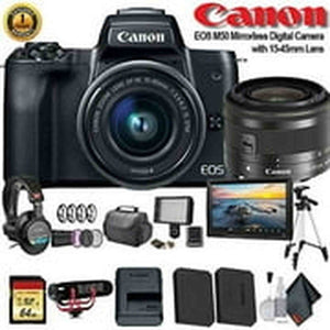 Canon EOS M50 Mirrorless Digital Camera with 15-45mm Lens International Model 2680C011 W/Bag, Extra Battery, LED Light