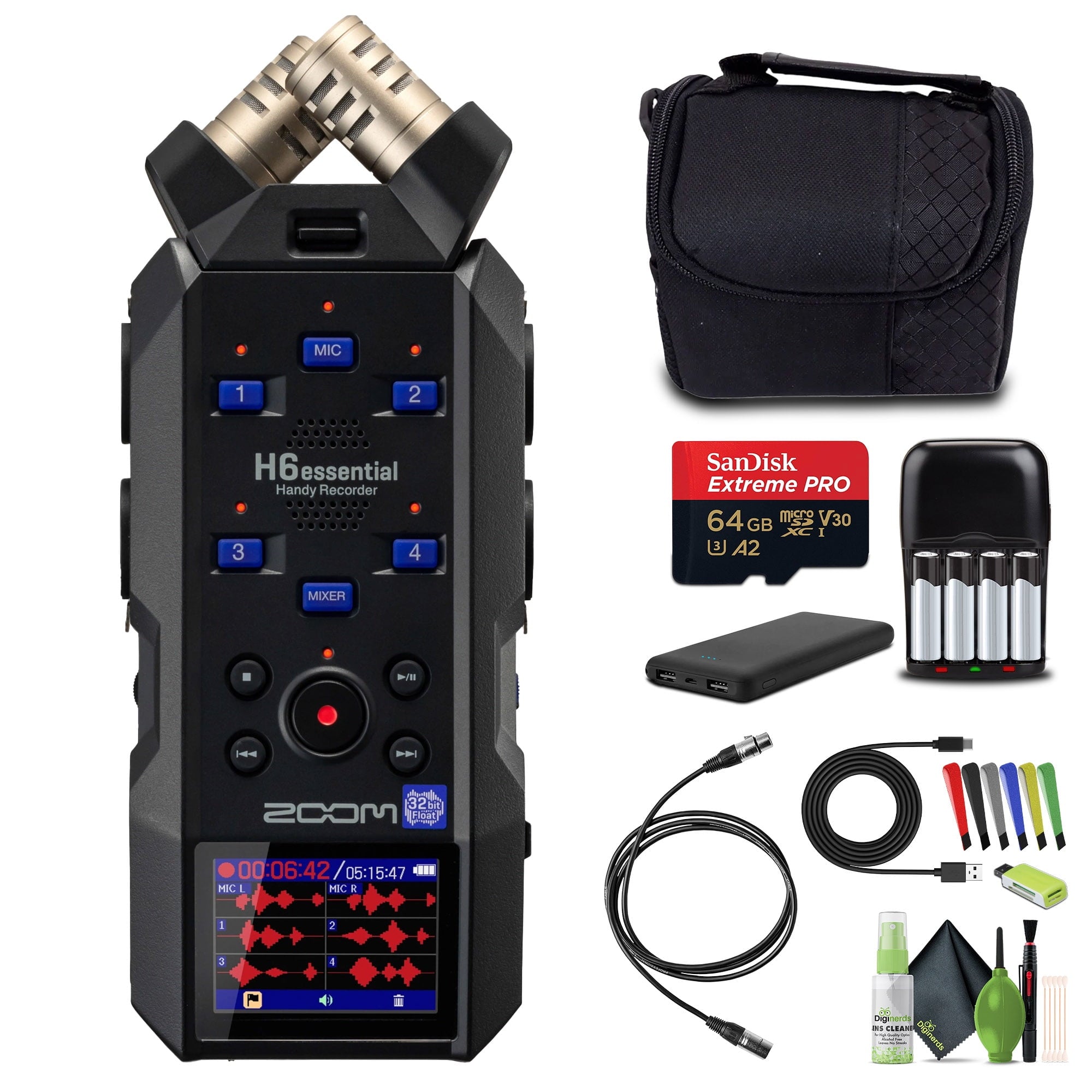 Zoom ZH6E H6essential Handy Recorder 6 Tracks & 32-Bit Float Recording Bundle