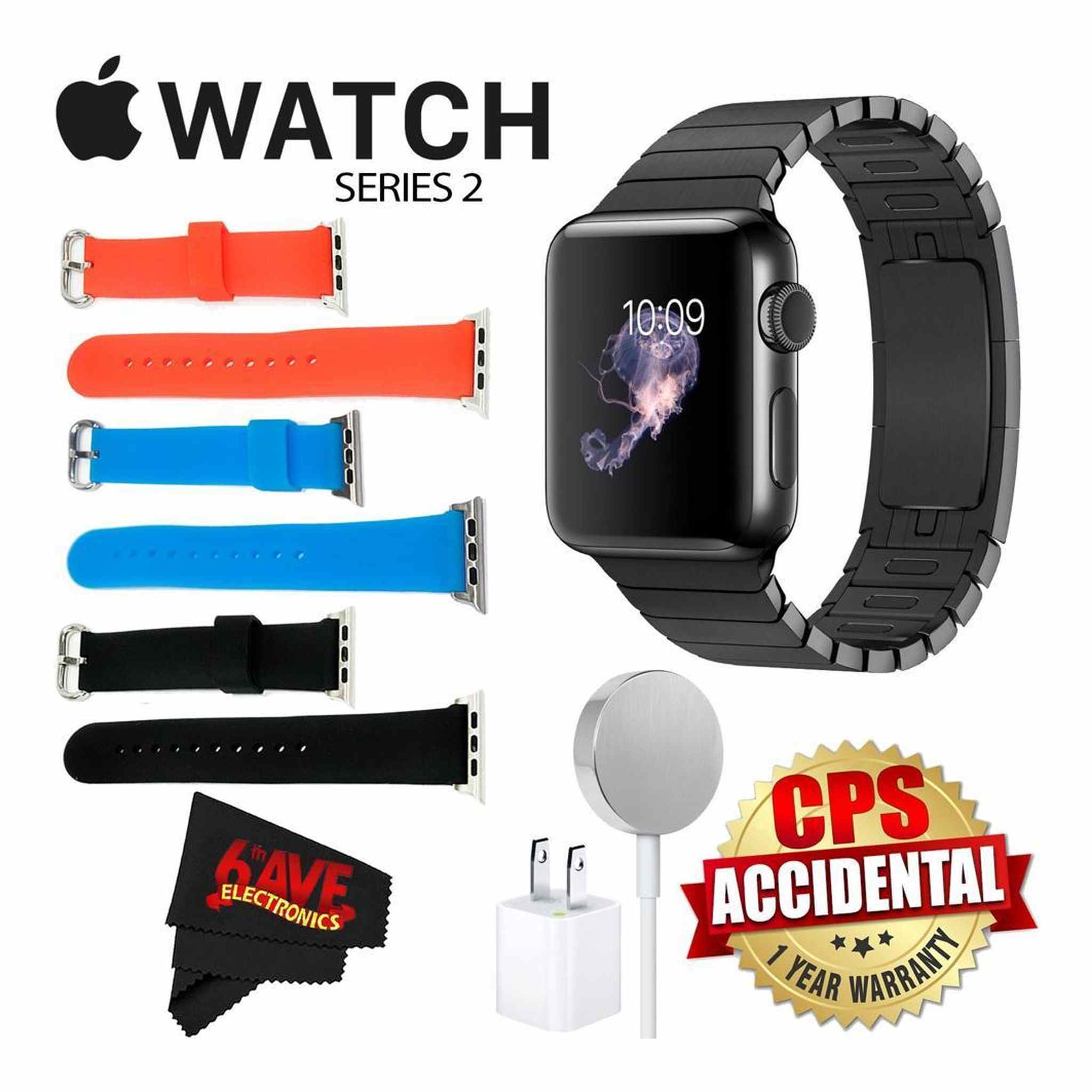 6Ave Apple Watch Series 2 38mm Smartwatch Space Black Stainless Steel Case, Space Black Link Band + Watch Band Black 38mm + Watch Band Red 38mm + Watch Band Blue 38mm + MicroFiber Cloth Bundle
