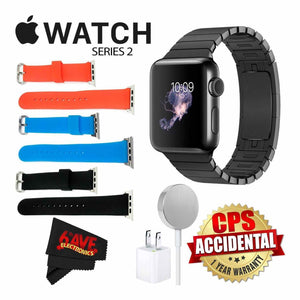 6Ave Apple Watch Series 2 38mm Smartwatch Space Black Stainless Steel Case, Space Black Link Band + Watch Band Black 38mm + Watch Band Red 38mm + Watch Band Blue 38mm + MicroFiber Cloth Bundle