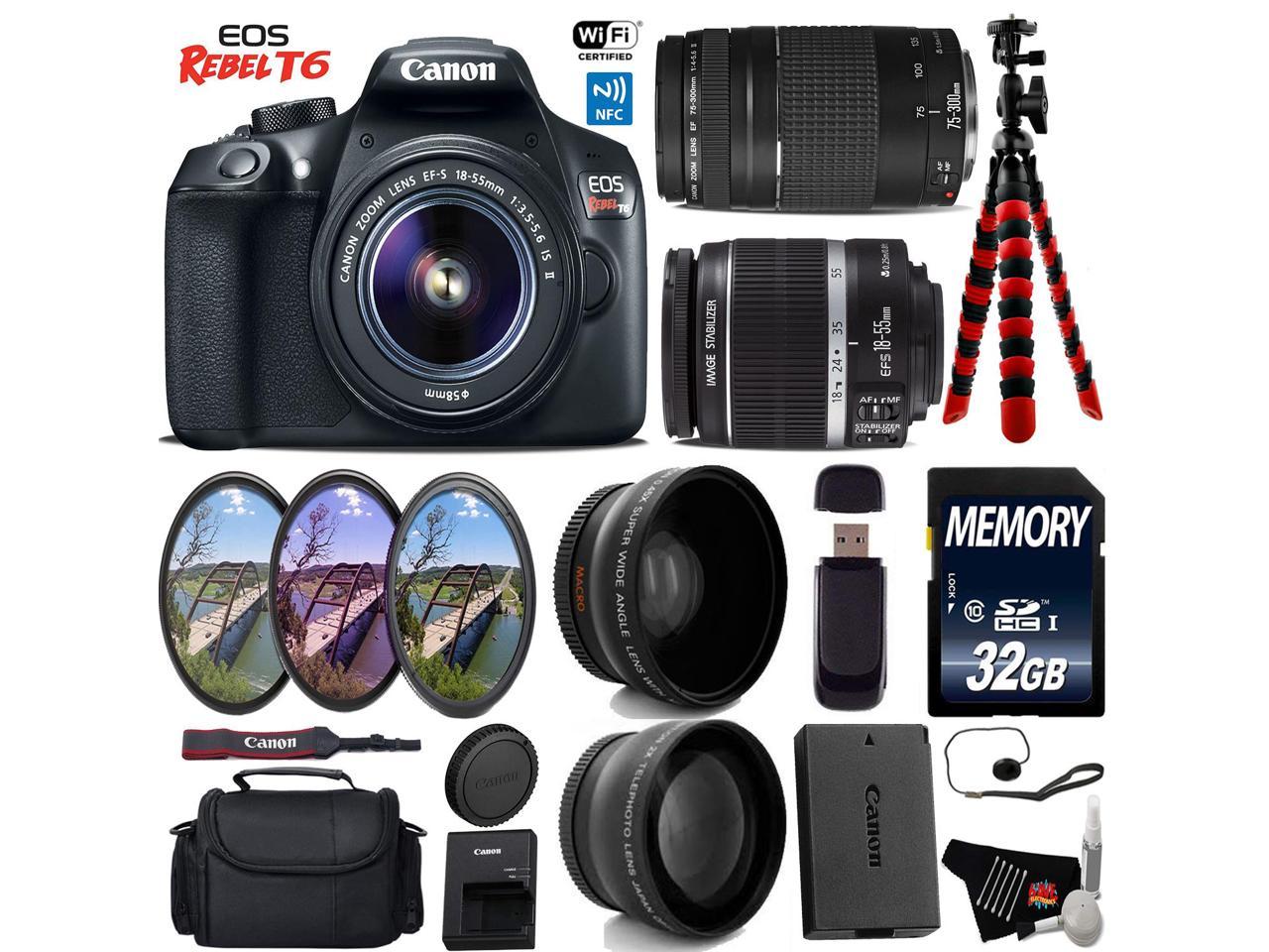 Canon EOS Rebel T6 DSLR Camera with 18-55mm is II Lens & 75-300mm III Lens + UV FLD CPL Filter Kit Starter Bundle