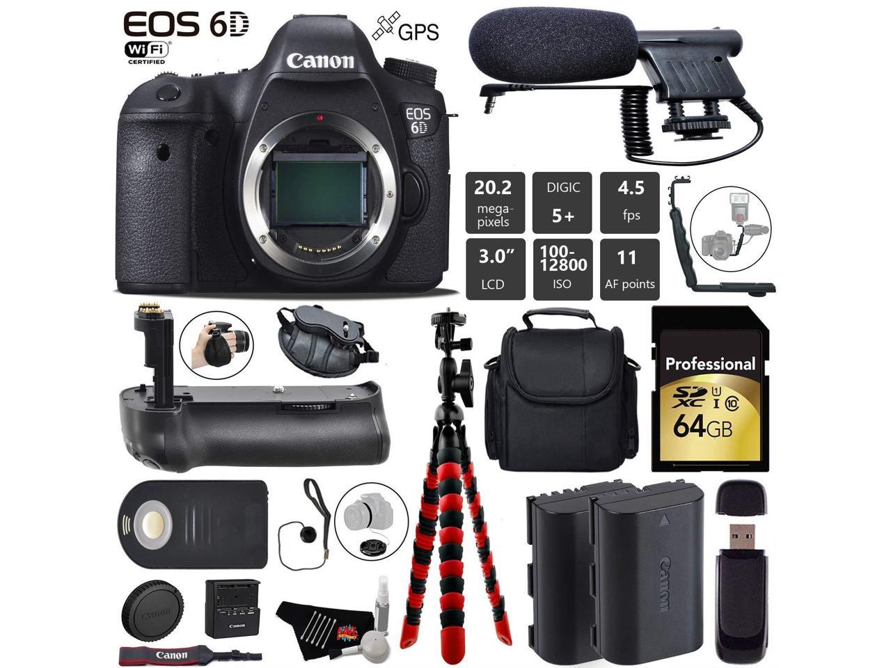 Canon EOS 6D DSLR Camera Body Only + Professional Battery Grip + Condenser Microphone + Extra Battery + Case + Wrist S