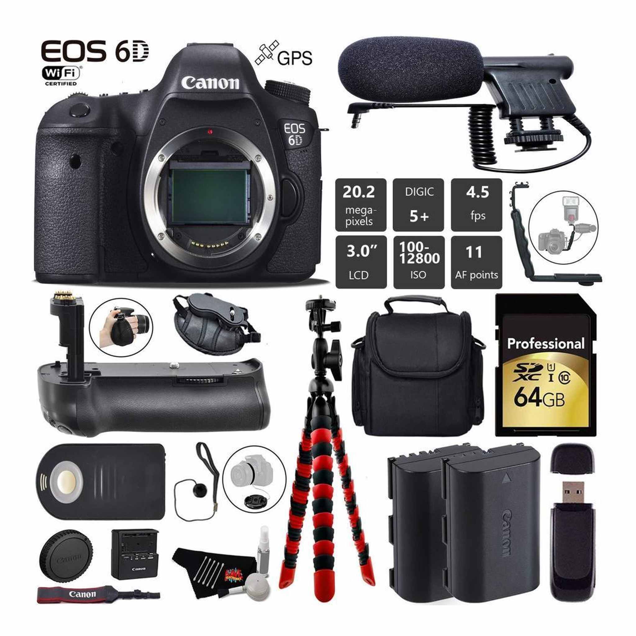 Canon EOS 6D DSLR Camera Body Only + Professional Battery Grip + Condenser Microphone + Extra Battery + Case + Wrist S Canon