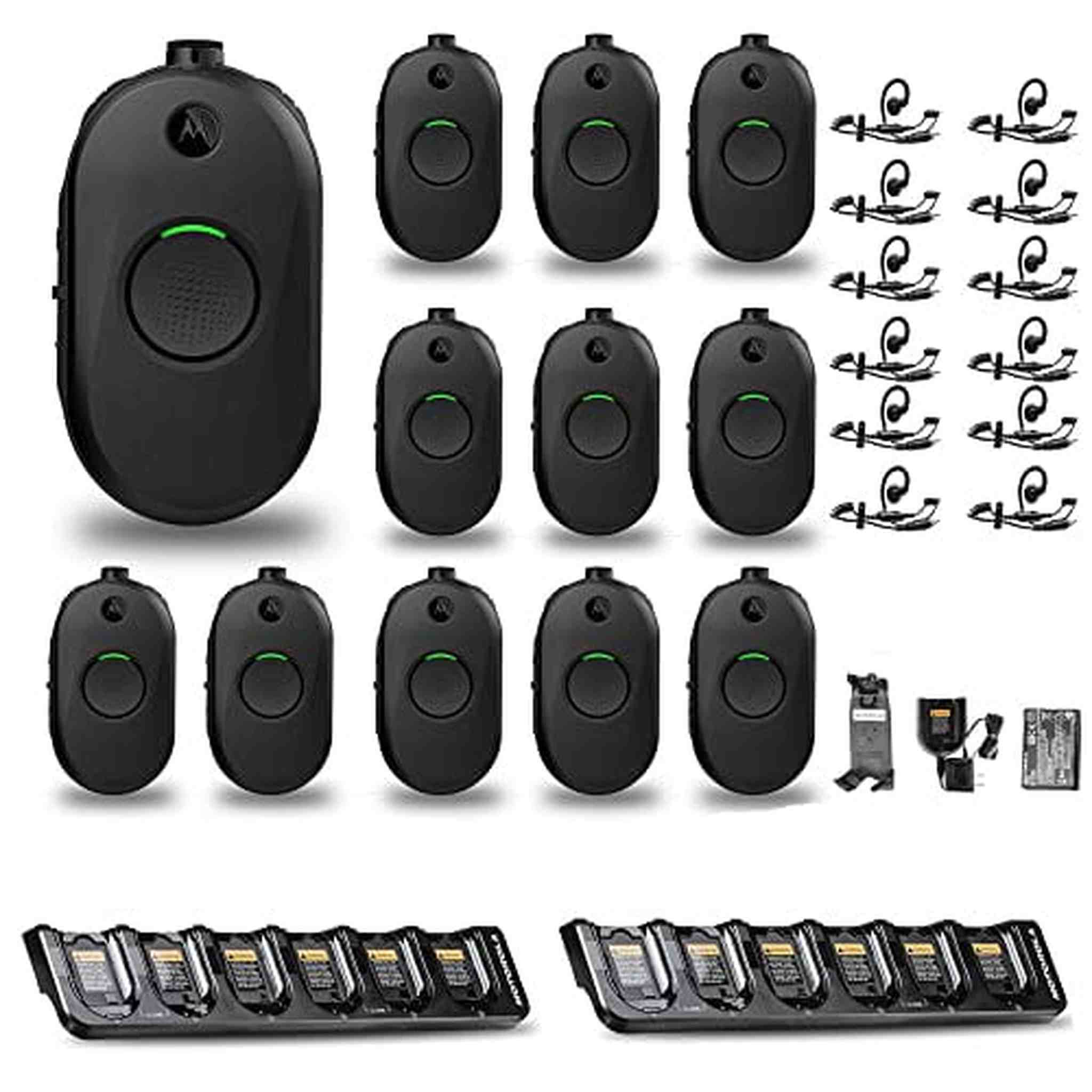 12 x Motorola CLP1010e 1-Channel 2-Way UHF Radio + Multi-Unit Charger + More