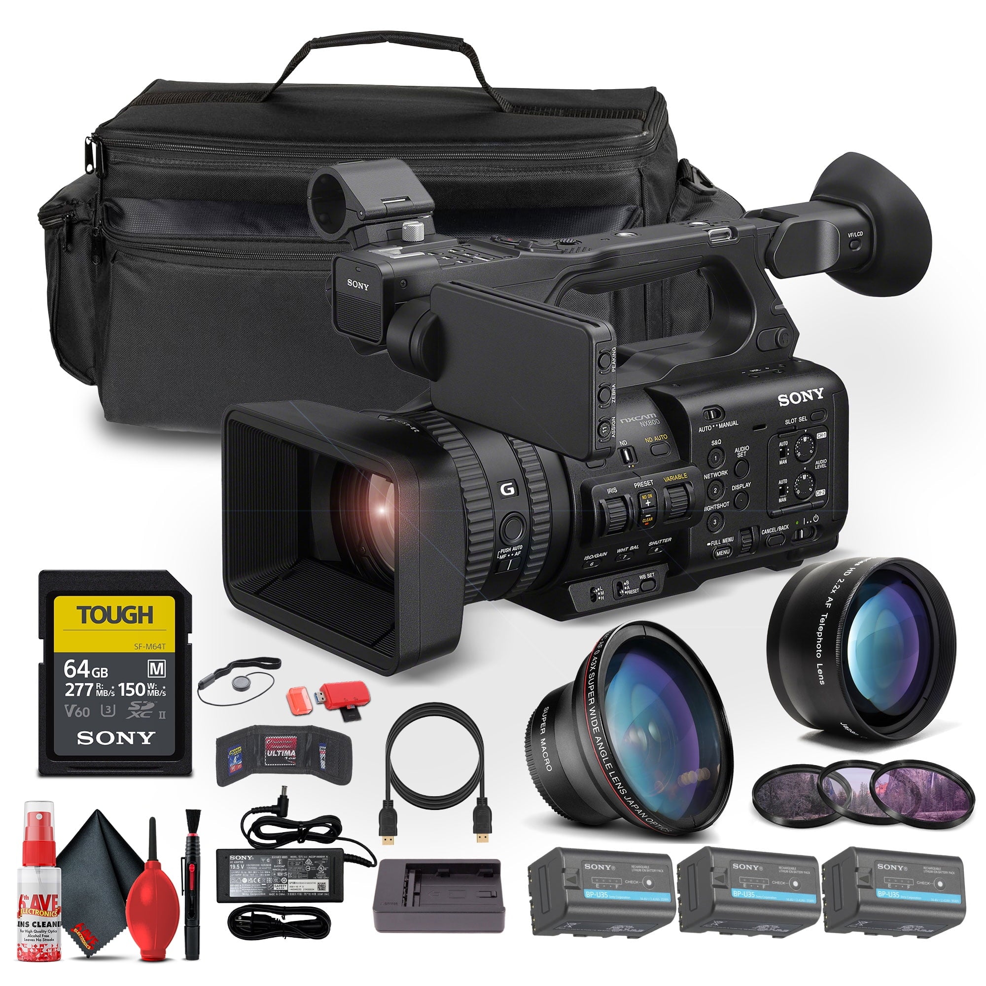 Sony HXR-NX800 NXCAM Camcorder + 2 x BP-U35 Battery + 64GB Card + More
