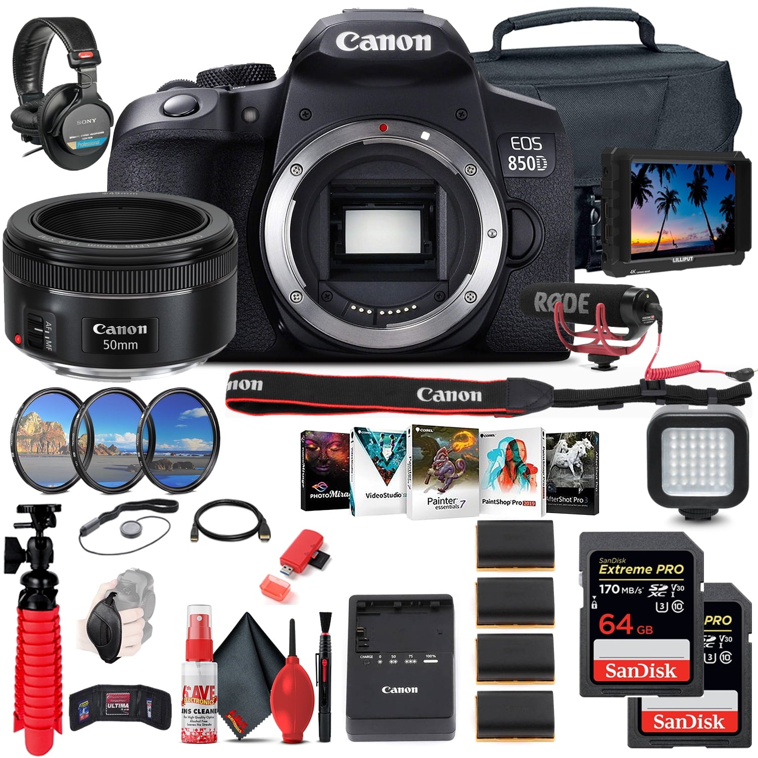 Canon EOS Rebel 850D / T8i DSLR Camera (Body Only)  + 4K Monitor + Canon EF 50mm