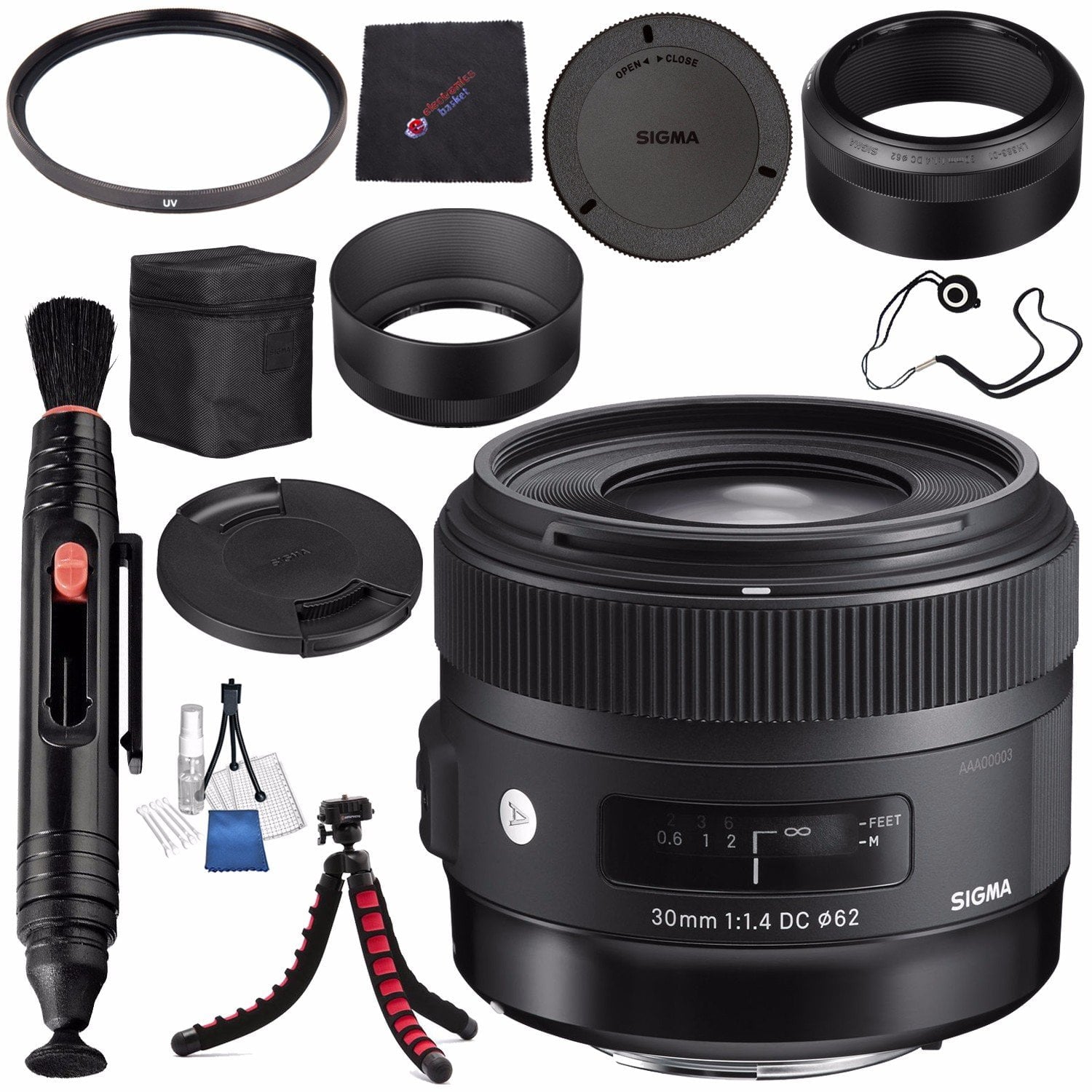 Sigma 30mm f/1.4 DC HSM Art Lens for Nikon #301306 + Lens Pen Cleaner + Microfiber Cleaning Cloth + Lens Capkeeper + Deluxe Cleaning Kit + Flexible Tripod Bundle International Model No Warranty