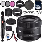 Sigma 30mm f/1.4 DC HSM Art Lens for Nikon #301306 + 62mm 3 Piece Filter Kit + 128GB SDXC Memory Card + Lens Pen Cleaner Bundle