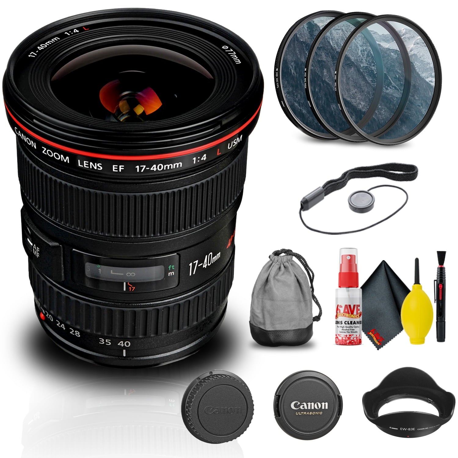 Canon EF 17-40mm f/4L USM Lens (8806A002) + Filter Kit + Cap Keeper Base Bundle