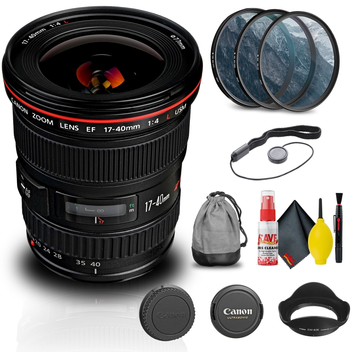 Canon EF 17-40mm f/4L USM Lens 8806A002 + Filter Kit + Cap Keeper Base Bundle