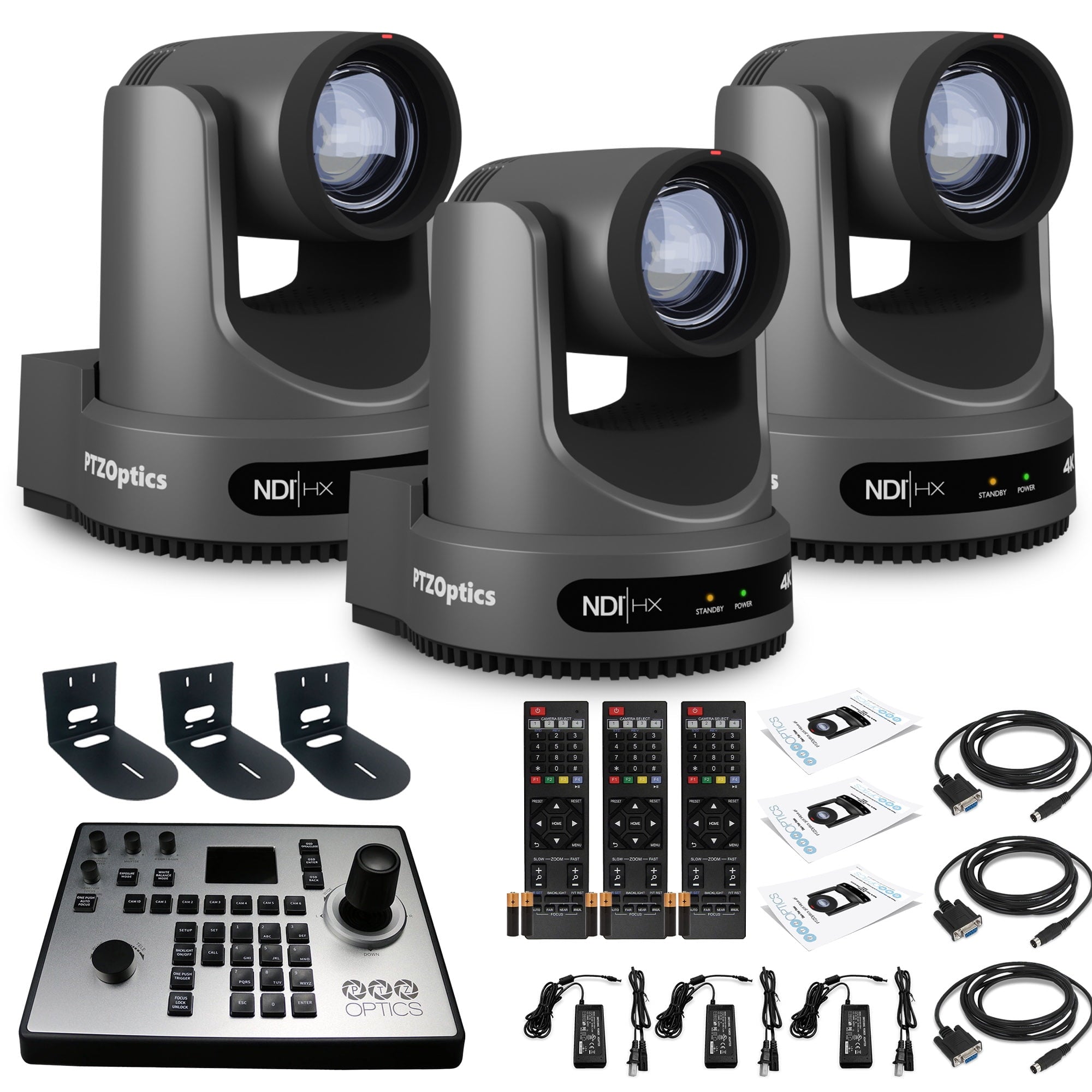 3 x PTZOptics Move 4K PTZ Camera with 12x Zoom Gray PT12X-4K-GY-G3 + PT-JOY-G4 Controller + 3 x Wall Mount