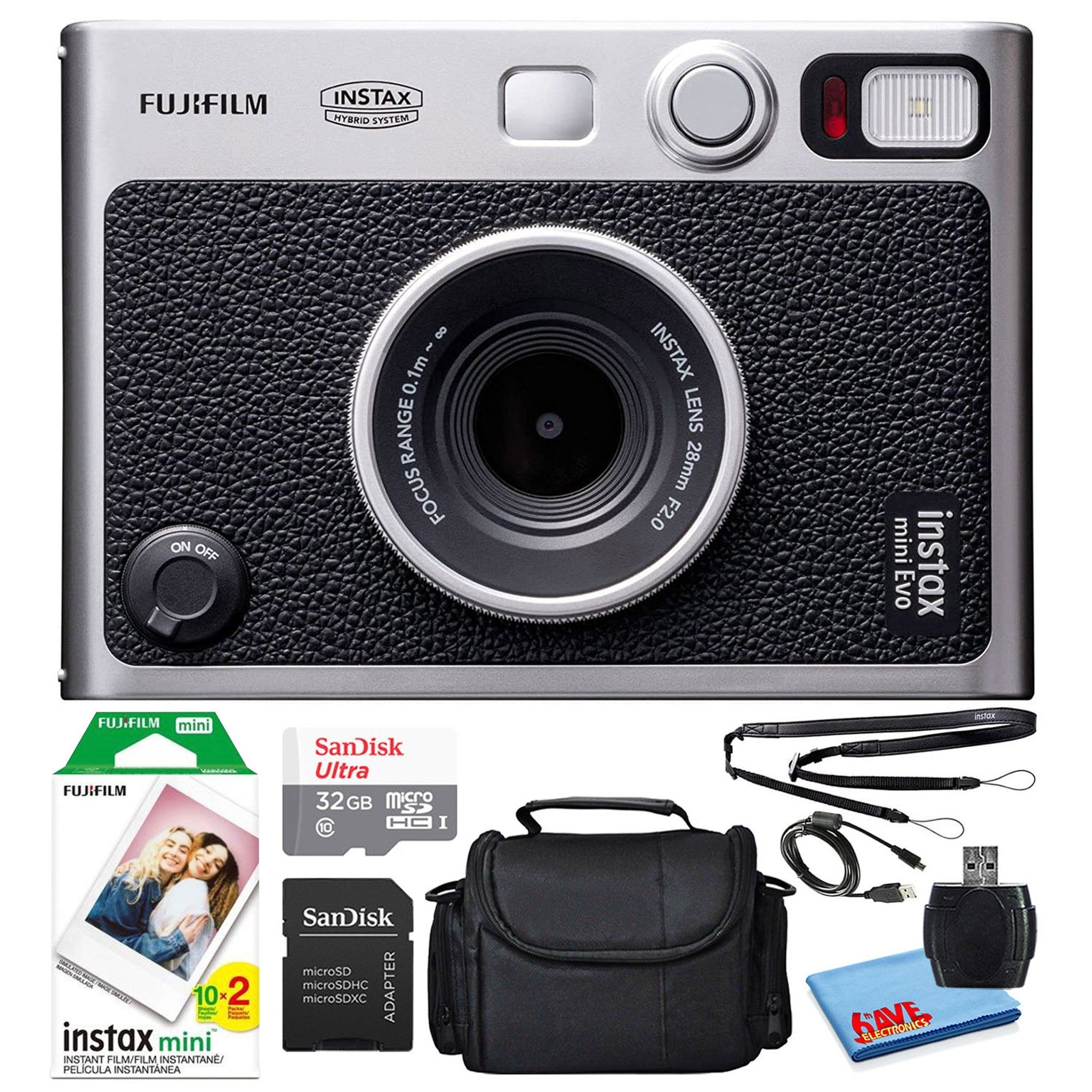 Fujifilm Instax Mini EVO Instant Film Camera Black with 20 Films + 32GB Card - Reconditioned