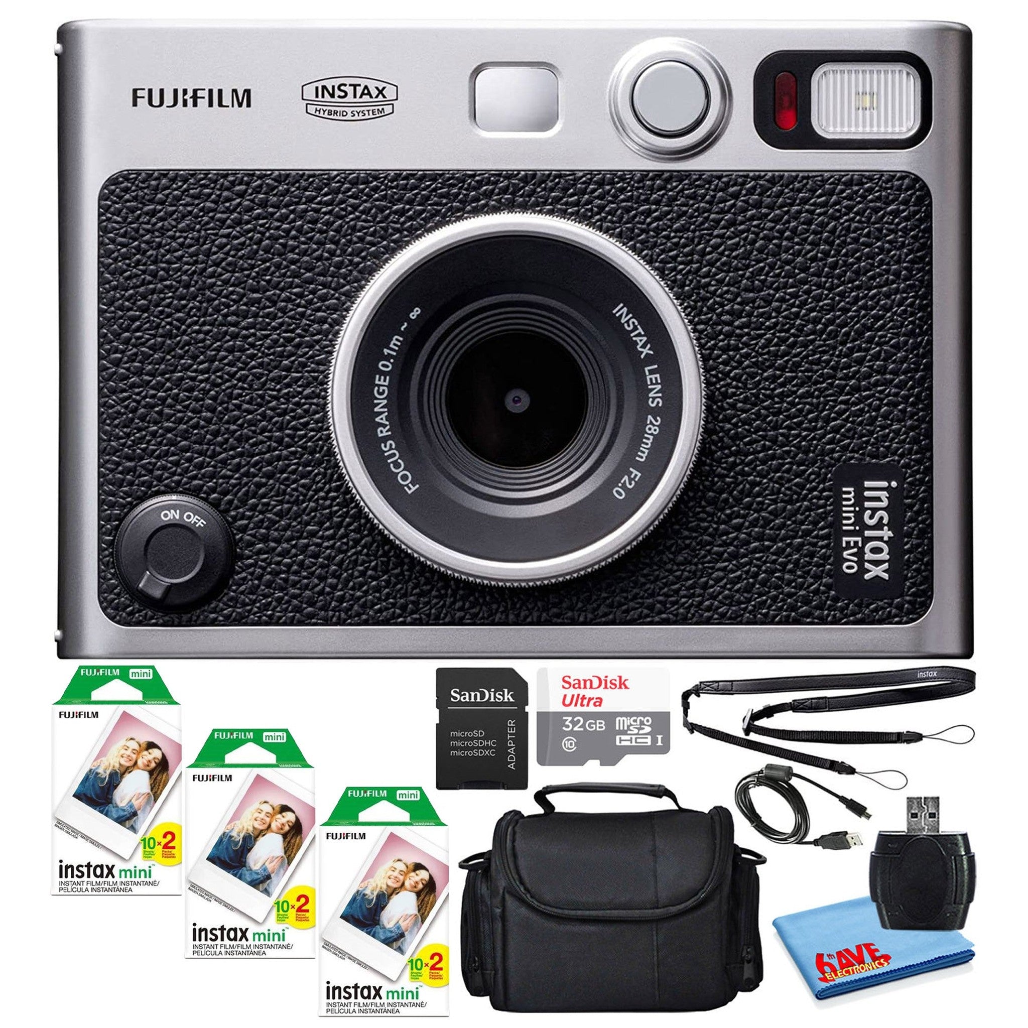 Fujifilm Instax Mini EVO Instant Film Camera Black with 60 Films + 32GB Card - Reconditioned