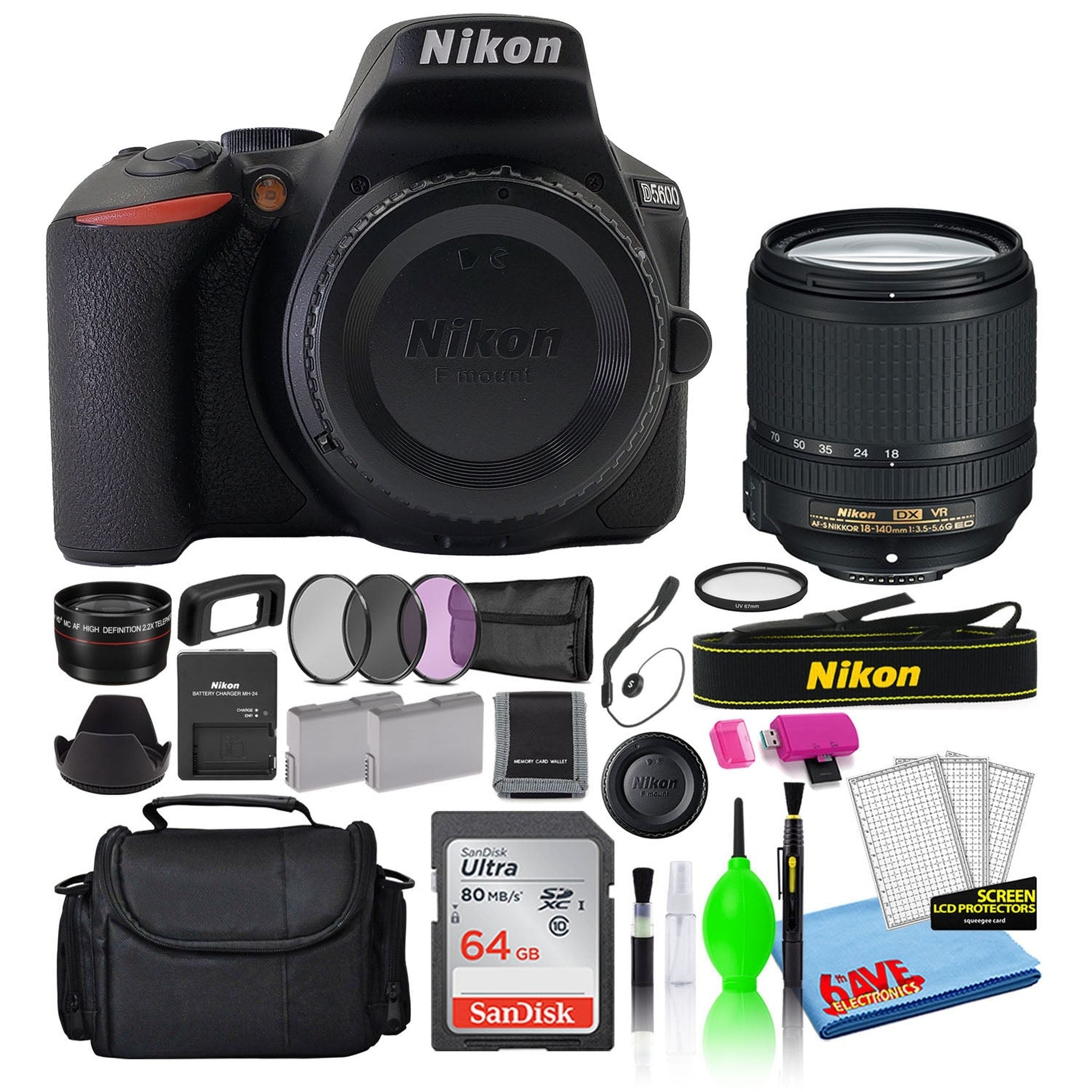 Nikon D5600 Digital Camera with 18-140mm Lens 1577 + 64GB SD Card + Bag Intl
