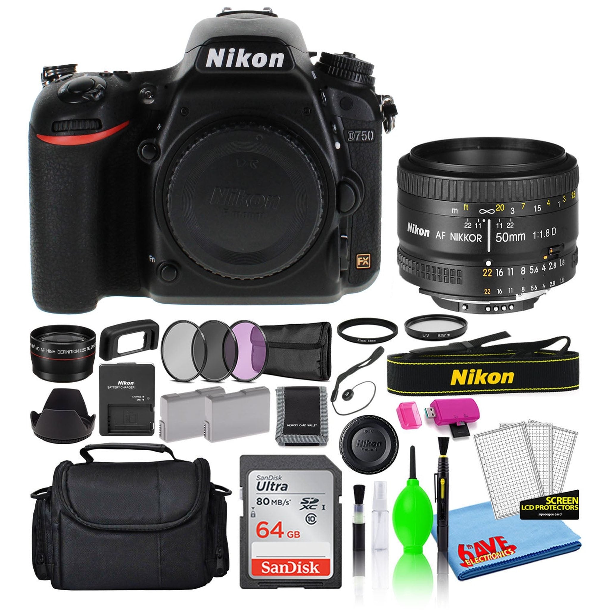 Nikon D750 Digital Camera with 50mm f/1.8D Lens 1543 + 64GB Card + Bag Intl
