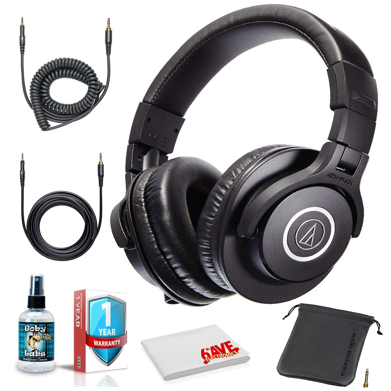 Audio-Technica ATH-M40x Over-Ear Professional Studio Monitor Headphones with 6ave Cleaning Kit, Carrying Case and 1-Year