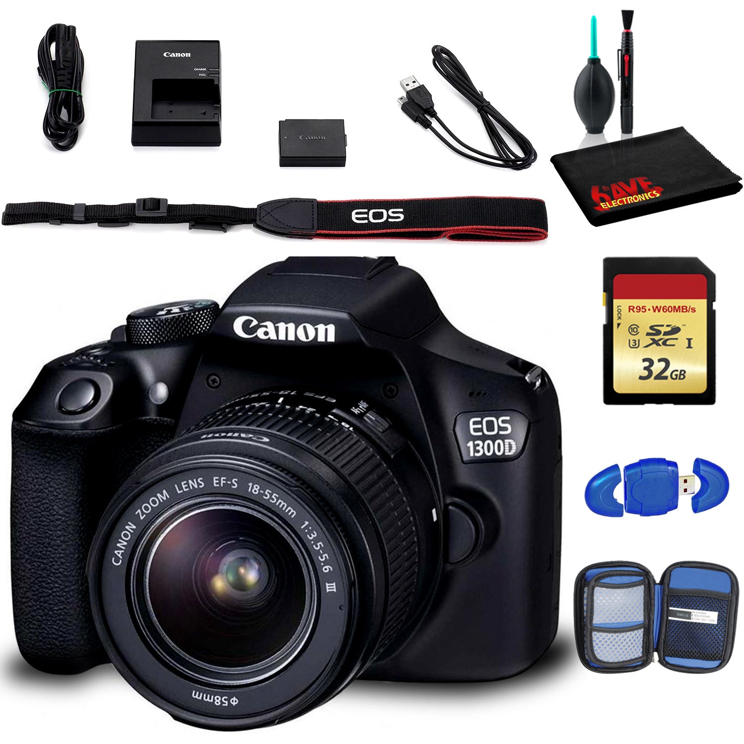 Canon EOS 1300D DSLR Camera with EF-S 18-55mm Lens (International Model) Includes Cleaning Kit and 32GB Memory Kit