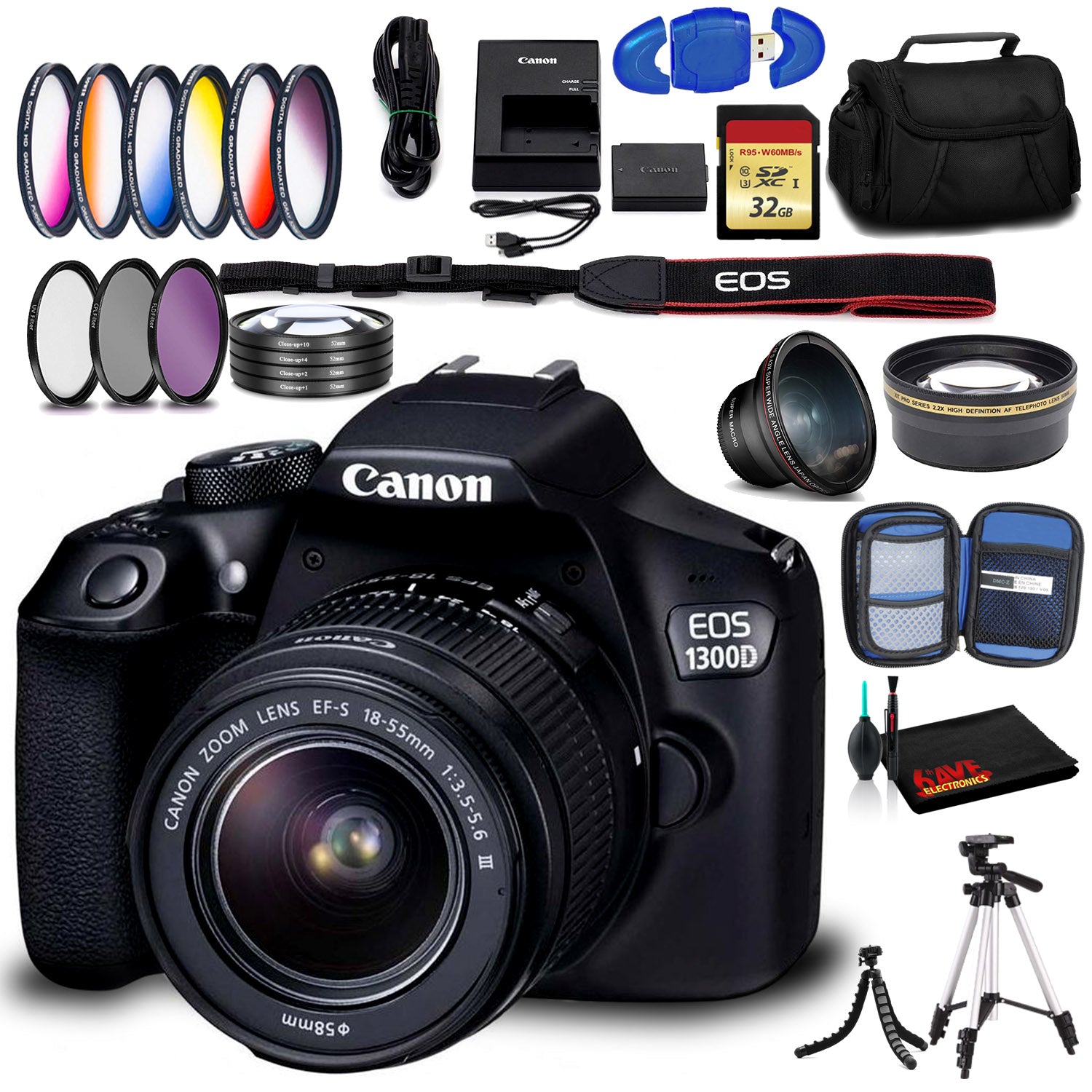 Canon EOS 1300D DSLR Camera with EF-S 18-55mm Lens (International Model) with Memory Kit, Tripods, Carry Case, and More