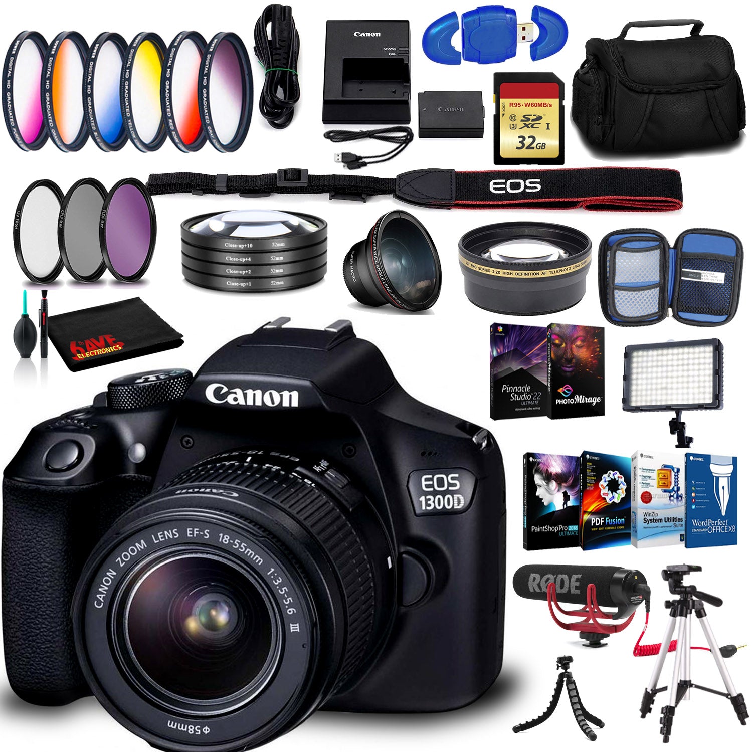 Canon EOS 1300D DSLR Camera with EF-S 18-55mm Lens (International Model) with Memory, Tripod, Case, LED Light, and More