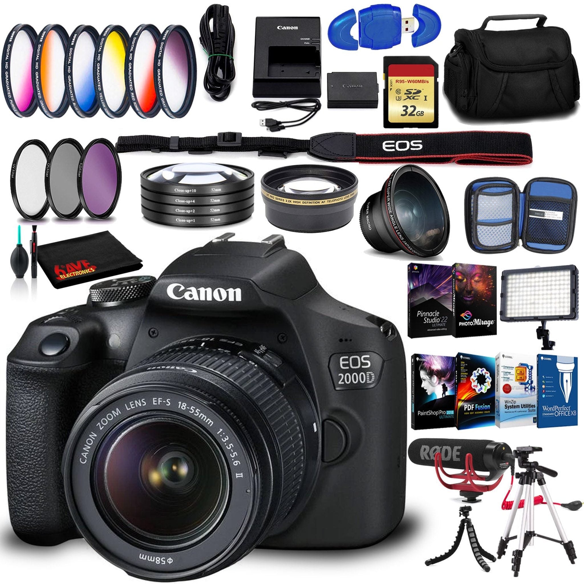 Canon EOS 2000D DSLR with EF-S 18-55mm f/3.5-5.6 IS II Lens Intl Model with 32GB Memory Kit, LED Light, Mic, and More