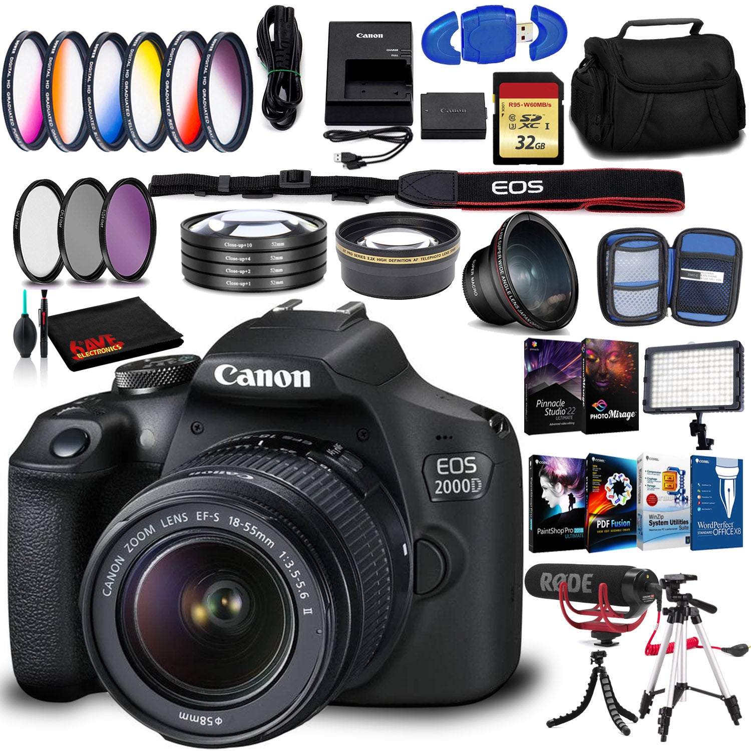 Canon EOS 2000D DSLR with EF-S 18-55mm f/3.5-5.6 IS II Lens (Intl Model) with 32GB Memory Kit, LED Light, Mic, and More