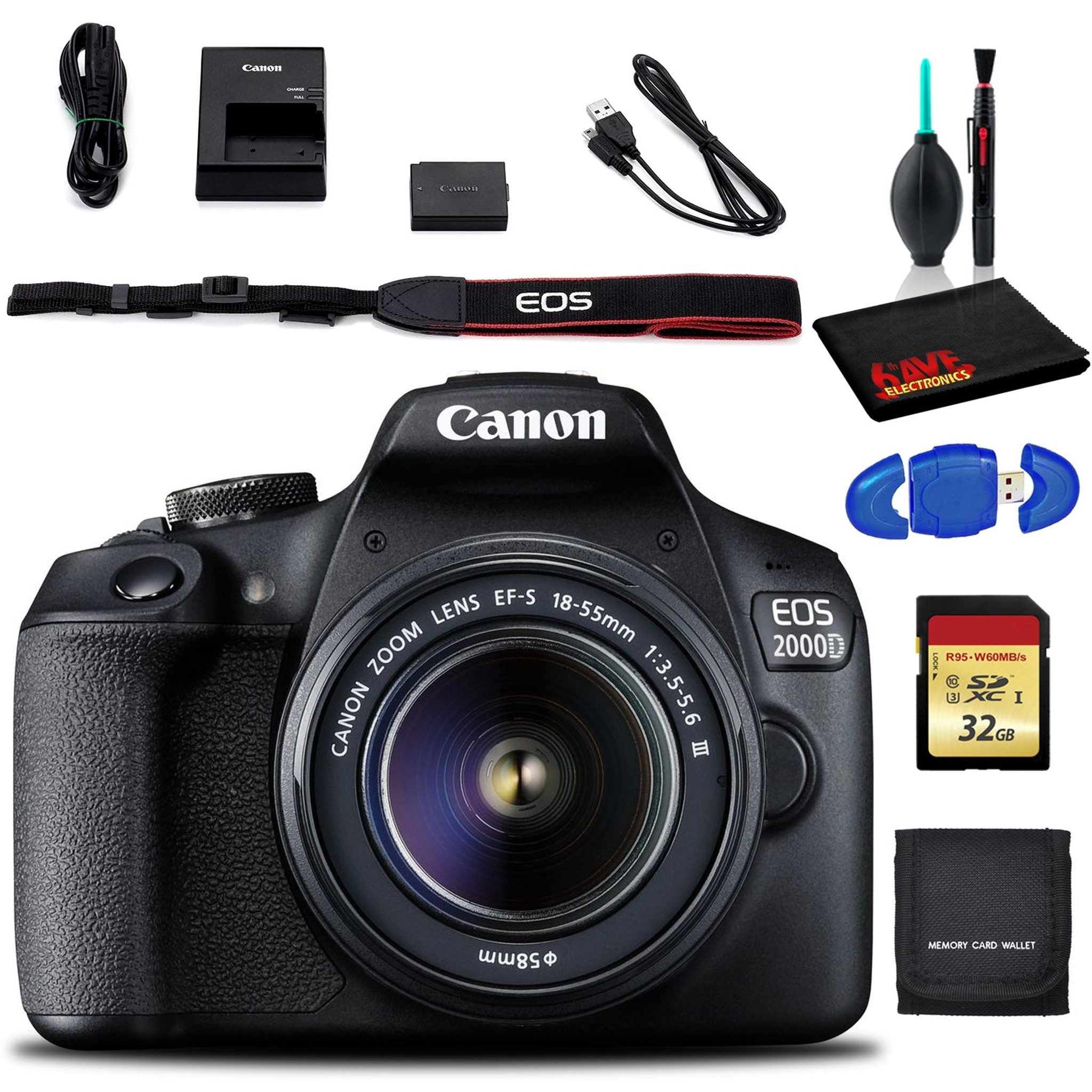 Canon EOS 2000D DSLR Camera with EF-S 18-55 mm f/3.5-5.6 III Lens International with Cleaning Kit, and Memory Kit