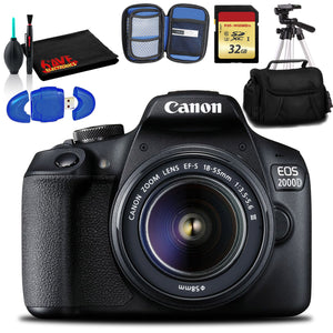Canon EOS 2000D DSLR Camera with EF-S 18-55 mm f/3.5-5.6 III Lens Intl Model with 32GB Memory, Padded Case, and More
