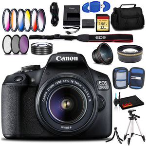 Canon EOS 2000D DSLR Camera with EF-S 18-55 mm f/3.5-5.6 III Lens Intl Model with Memory, Case, Tripods, and Filters
